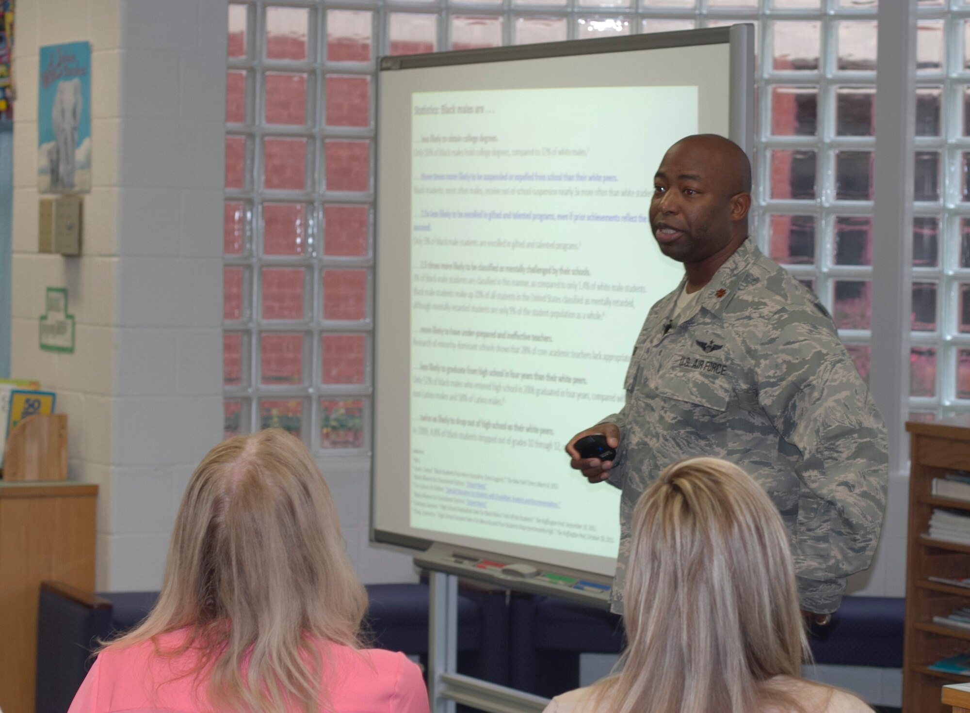 Maj. Jonathan Reid, the Air National Guard Risk Management program manager and division chief of Safety Analysis, speaks to a regional group of faculty and staff at St. Leonard Elementary School in St. Leonard, Maryland, on an achievement strategy for young black men February 2015. Reid, who is an active volunteer in his community, delivered remarks about the achievement gap between young black males and other populations and discussed possible solutions educators can take to act as an advocate. (Courtesy photo/RELEASED)