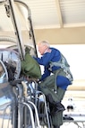 Retired Air Force Brig. Gen. Charlie Duke, Apollo 16 astronaut and 10th person to walk on the moon, climbs into a 560th Flying Training Squadron T-38 Talon before an incentive flight Feb. 19 at Joint Base San Antonio-Randolph. Duke visited JBSA-Randolph to serve as the main speaker during a 12th FTW professional development seminar Feb. 20. (U.S. Air Force photo by Airman 1st Class Alexandria Slade)