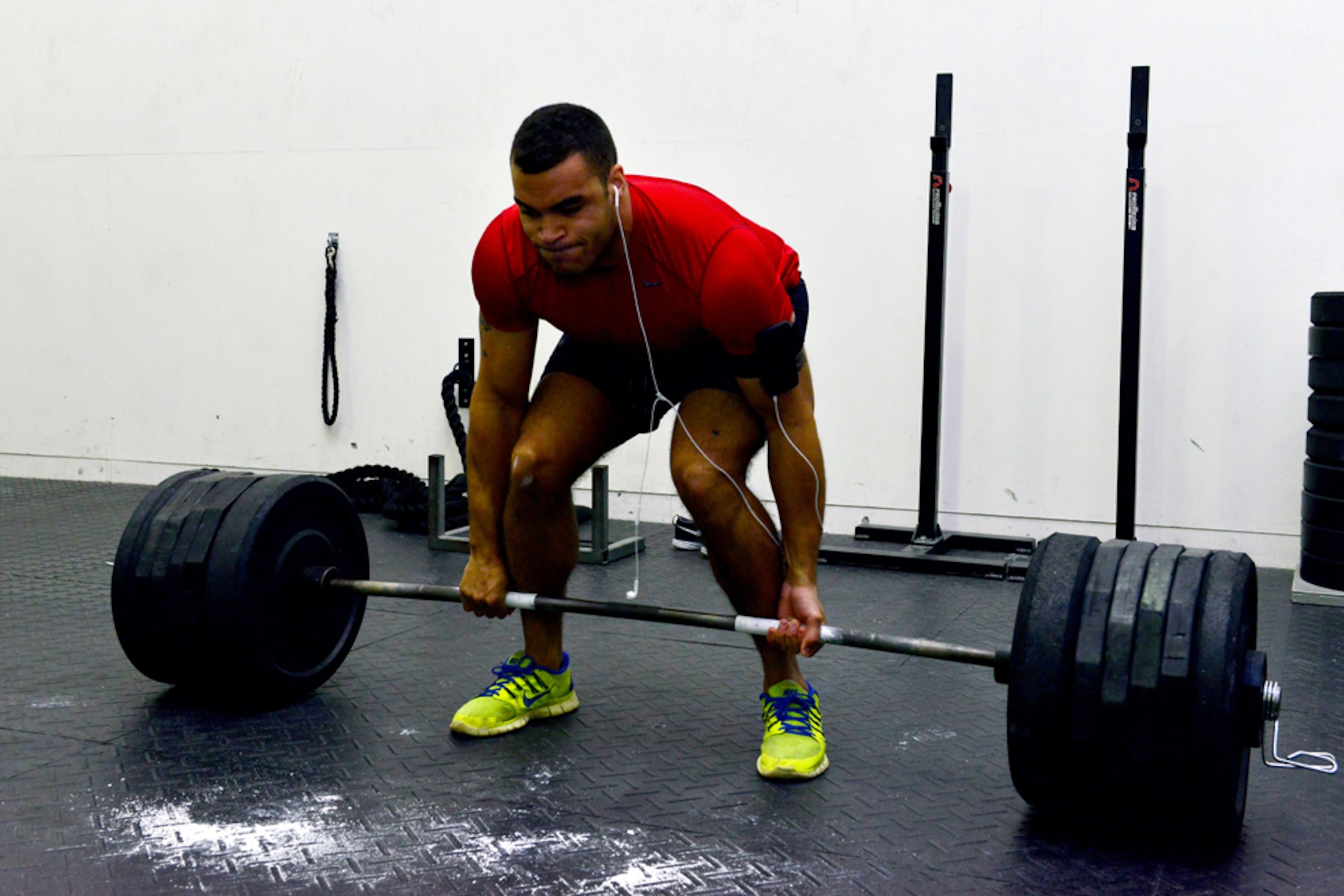U.S. Army Sgt. Kevin Carter, 11th Missile Defense Detachment, prepares to lift 550 pounds during the deadlift portion of the 2015 Incirlik Strongman Competition Feb. 23, 2015, at Incirlik Air Base, Turkey. Participants competed in three categories deadlift, squat and bench press. The event was held to determine the strongest service member at Incirlik. (U.S. Air Force photo by Senior Airman Michael Battles)