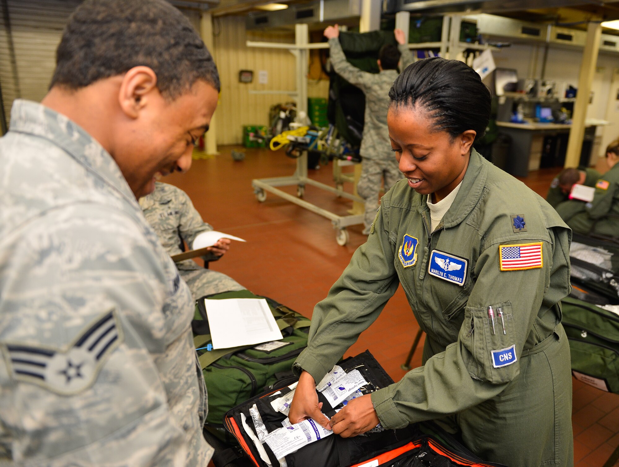 Lt. Col. Marilyn Thomas, 86th Aeromedical Evacuation Squadron clinical nurse specialist, packs an aeromedical evacuation kit at Ramstein Air Base, Germany, Jan. 24, 2015. Thomas won the 2014 Air Force Medical Service Clinical Nurse Specialist for her contributions to her squadron and community. (U.S. Air Force photo/Senior Airman Armando A. Schwier-Morales) 