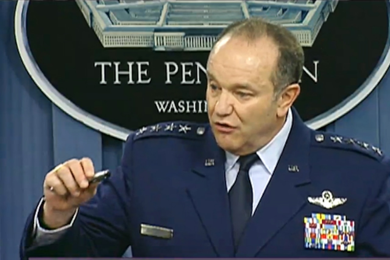 Air Force Gen. Philip M. Breedlove, NATO’s supreme allied commander for Europe and commander of U.S. European Command, briefs reporters at the Pentagon, Feb. 25, 2015. DoD screen shot