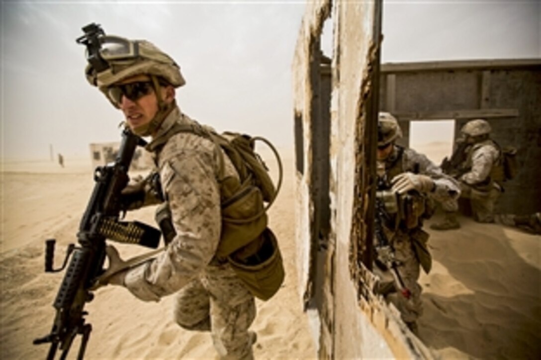 U.S. Marines participate in a raid exercise at Udairi Range in Kuwait, Feb. 16, 2015. The Marines are assigned to India Company, Battalion Landing Team 3rd Battalion, 6th Marine Regiment, 24th Marine Expeditionary Unit.
