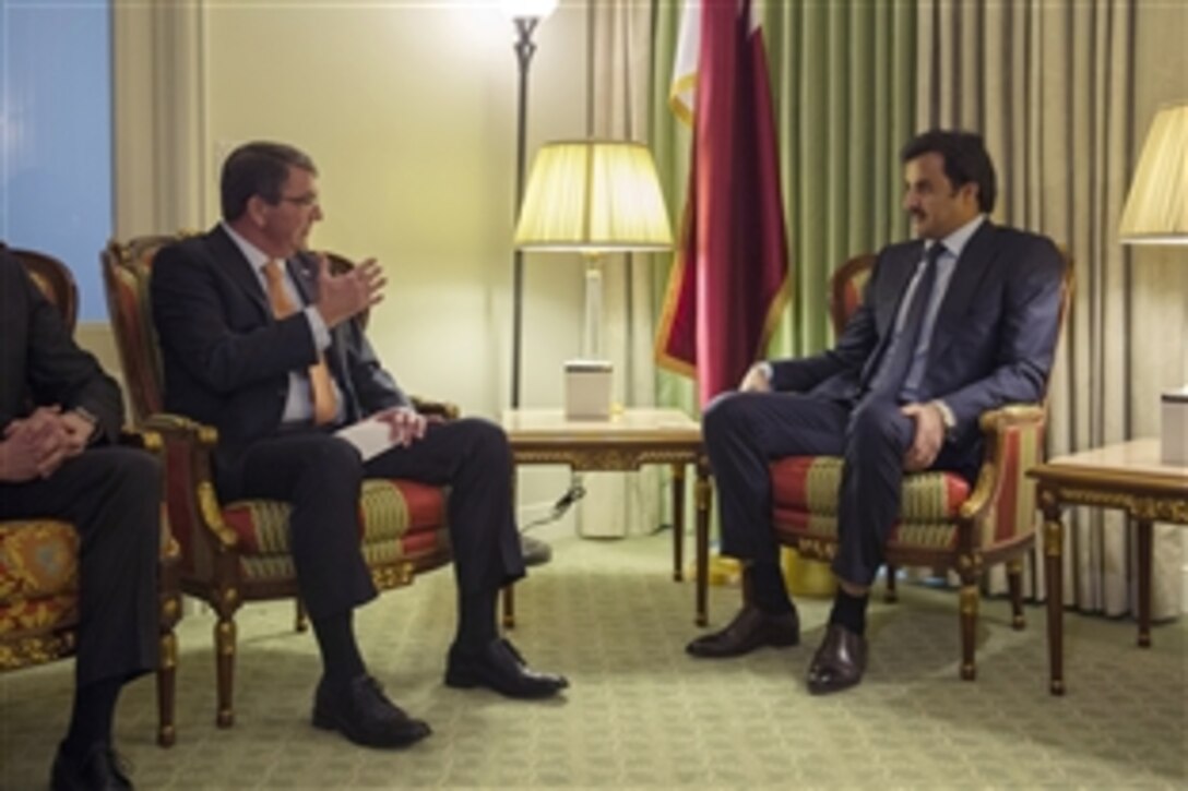 U.S. Defense Secretary Ash Carter meets with Qatar's emir, Sheikh Tamim bin Hamad Al Thani, in Washington, D.C., Feb. 25, 2015, to discuss matters of mutual importance.