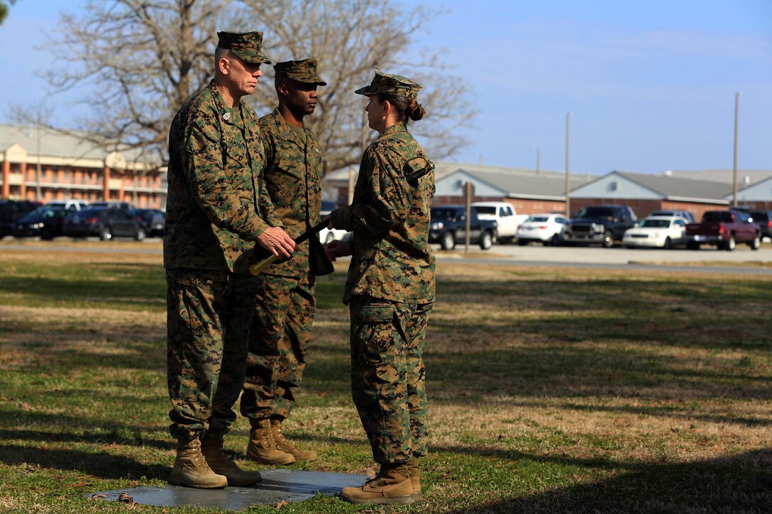 Sgt. Maj. Christopher J. Campbell relinquishes the sword of office as sergeant major of Marine Wing Support Squadron 271 to Lt. Col. Ginger E. Beals during a relief and appointment ceremony at Marine Corps Air Station Cherry Point, N.C., Feb. 12, 2015. Sgt. Maj. Jermain L. Jenkins assumed duties as the squadron's senior enlisted advisor during the ceremony. Campbell plans to retire in March 2015. Jenkins joins the squadron after serving as sergeant major of Marine Security Forces Regiment at Naval Weapons Station Yorktown, Va. during his preceding tour. Beals is the commanding officer of the squadron. 