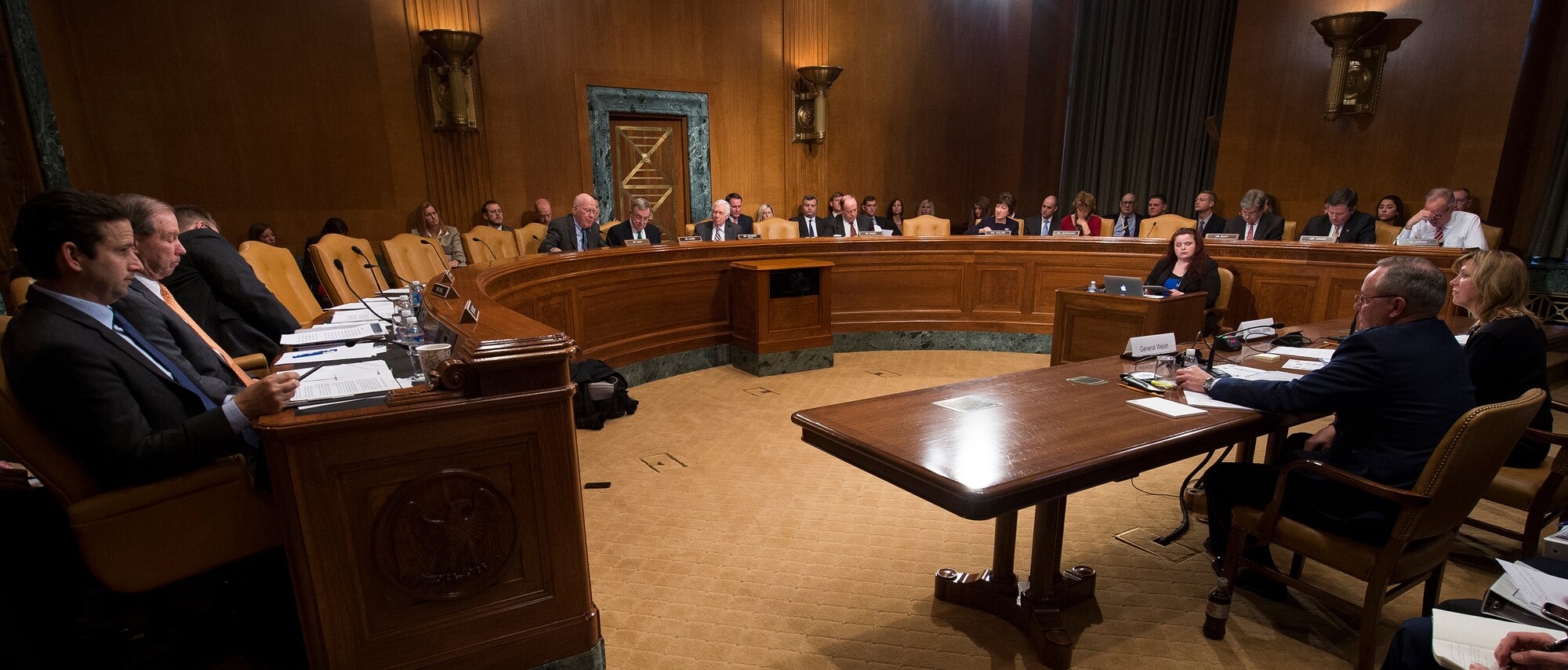 Secretary of the Air Force Deborah Lee James and Chief of Staff of the Air Force Gen. Mark A. Welsh III  answer questions  about the fiscal year 2016 President's Budget request during a hearing of the Senate Appropriations Subcommittee on Defense Feb. 25, 2015, on Capitol Hill in Washington, D.C. (U.S. Air Force photo/Jim Varhegyi)