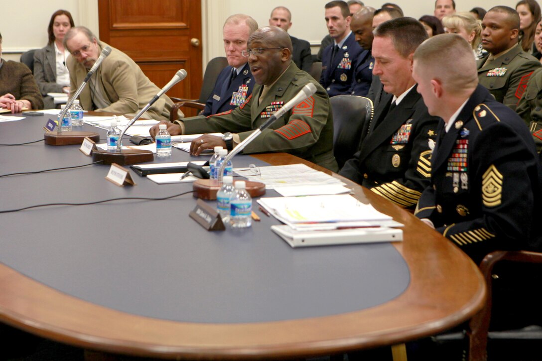 Sgt. Maj. Ronald L. Green, the 18th Sergeant Major of the Marine Corps, testifies before the U.S. House of Representatives Military Construction, Veterans Affairs and Related Agencies Subcommittee at the Rayburn House Office Building in Washington, D.C., on Feb. 25, 2015. (U.S. Marine Corps photo by Sgt. Marionne T. Mangrum)