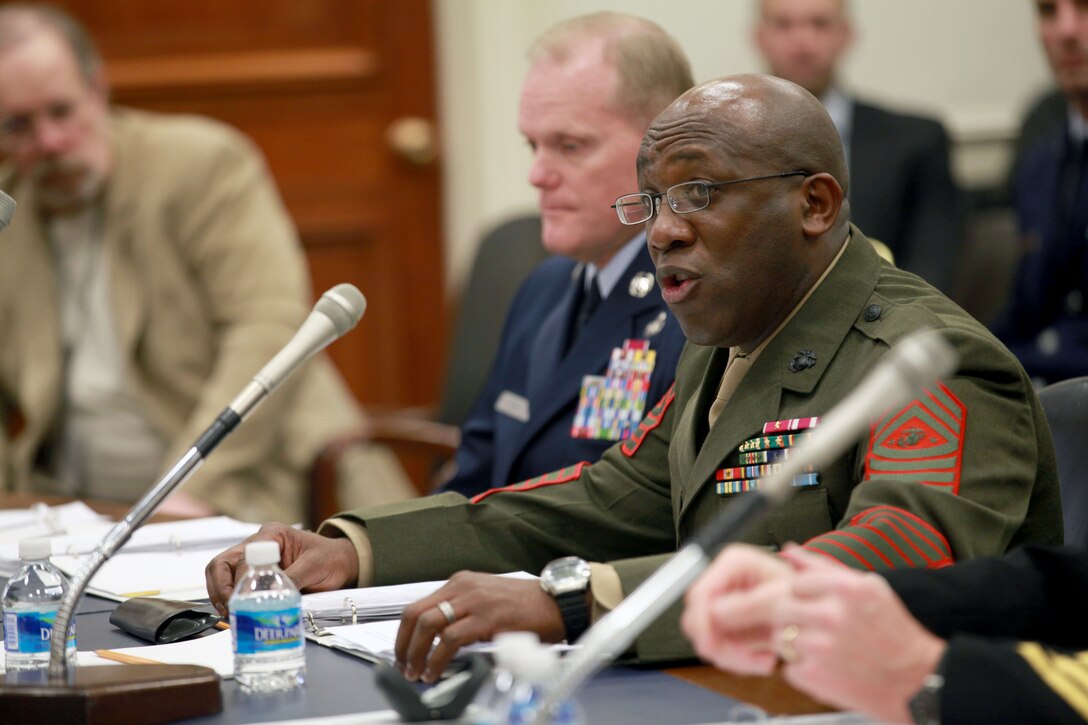 Sgt. Maj. Ronald L. Green, the 18th Sergeant Major of the Marine Corps, testifies before the U.S. House of Representatives Military Construction, Veterans Affairs and Related Agencies Subcommittee at the Rayburn House Office Building in Washington, D.C., on Feb. 25, 2015. (U.S. Marine Corps photo by Sgt. Marionne T. Mangrum)