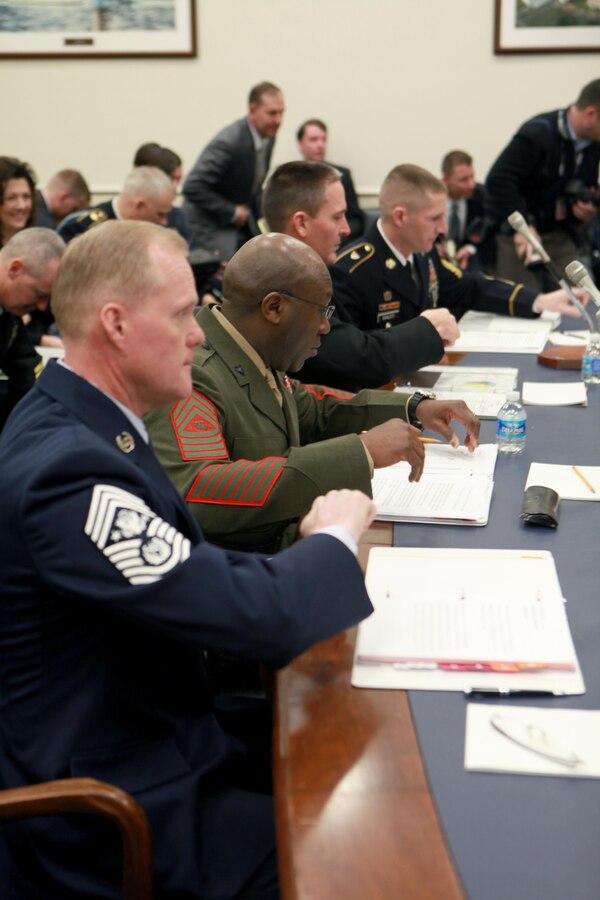 Chief Master Sergeant of the Air Force James A. Cody, Sergeant Major of the Marine Corps Ronald L. Green, Master Chief Petty Officer of the Navy Michael D. Stevens and Sergeant Major of the Army Daniel A. Dailey, testify before the U.S. House of Representatives Military Construction, Veterans Affairs and Related Agencies Subcommittee at the Rayburn House Office Building in Washington, D.C., on Feb. 25, 2015. (U.S. Marine Corps photo by Sgt. Marionne T. Mangrum)