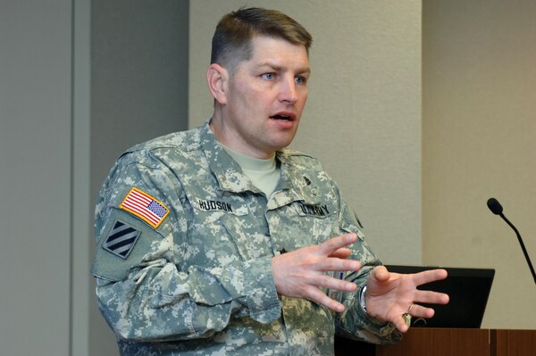 Lt. Col. John L. Hudson, U.S. Army Corps of Engineers Nashville District commander, speaks to participants of the Great Lakes and Ohio River Division's Regional Leadership Development Program at the Nashville District Headquarters in Nashville, Tenn., Feb. 25, 2015. 
