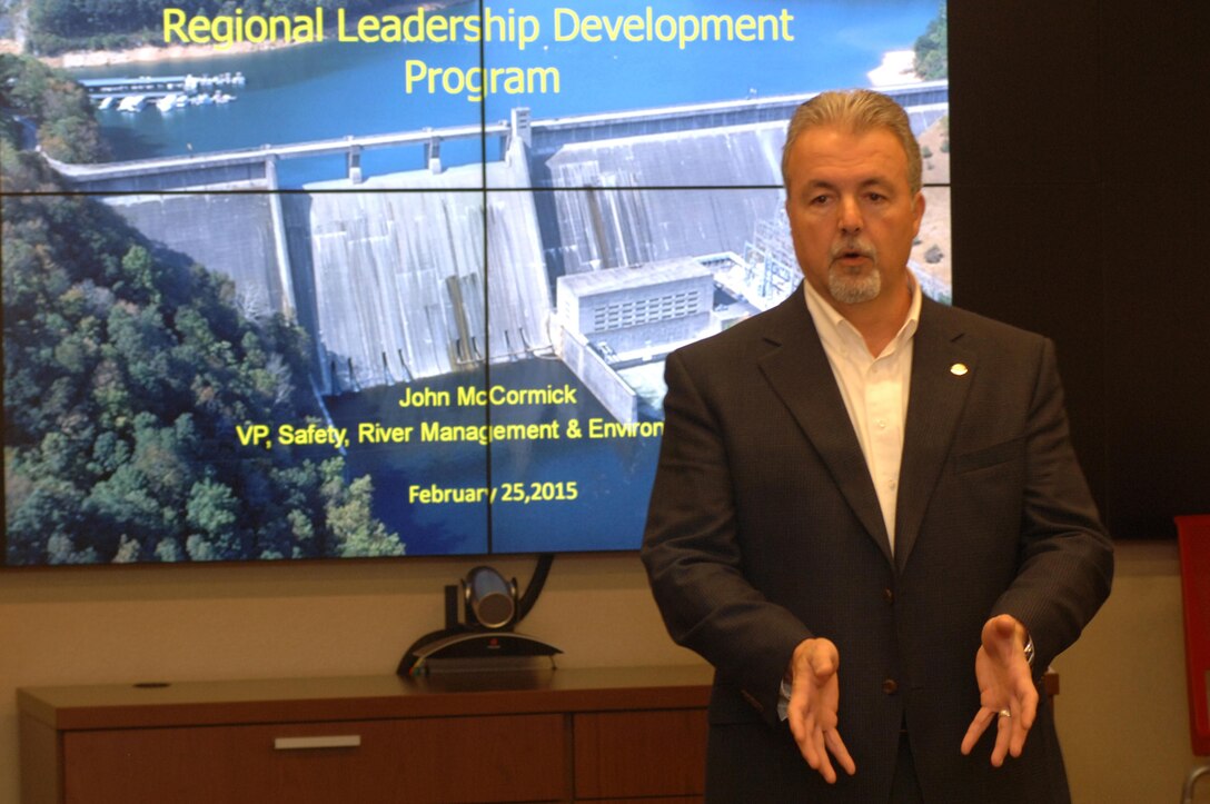 John McCormick, vice president of Safety, River Management and Environmental at Tennessee Valley Authority, shares his leadership perspectives to participants in the U.S. Army Corps of Engineers Great Lakes and Ohio River Division Regional Leadership Development Program participants at the Nashville District in Nashville, Tenn., Feb. 25, 2015.  He emphasized that leadership is about influencing people to do great things, and relationships determine results.