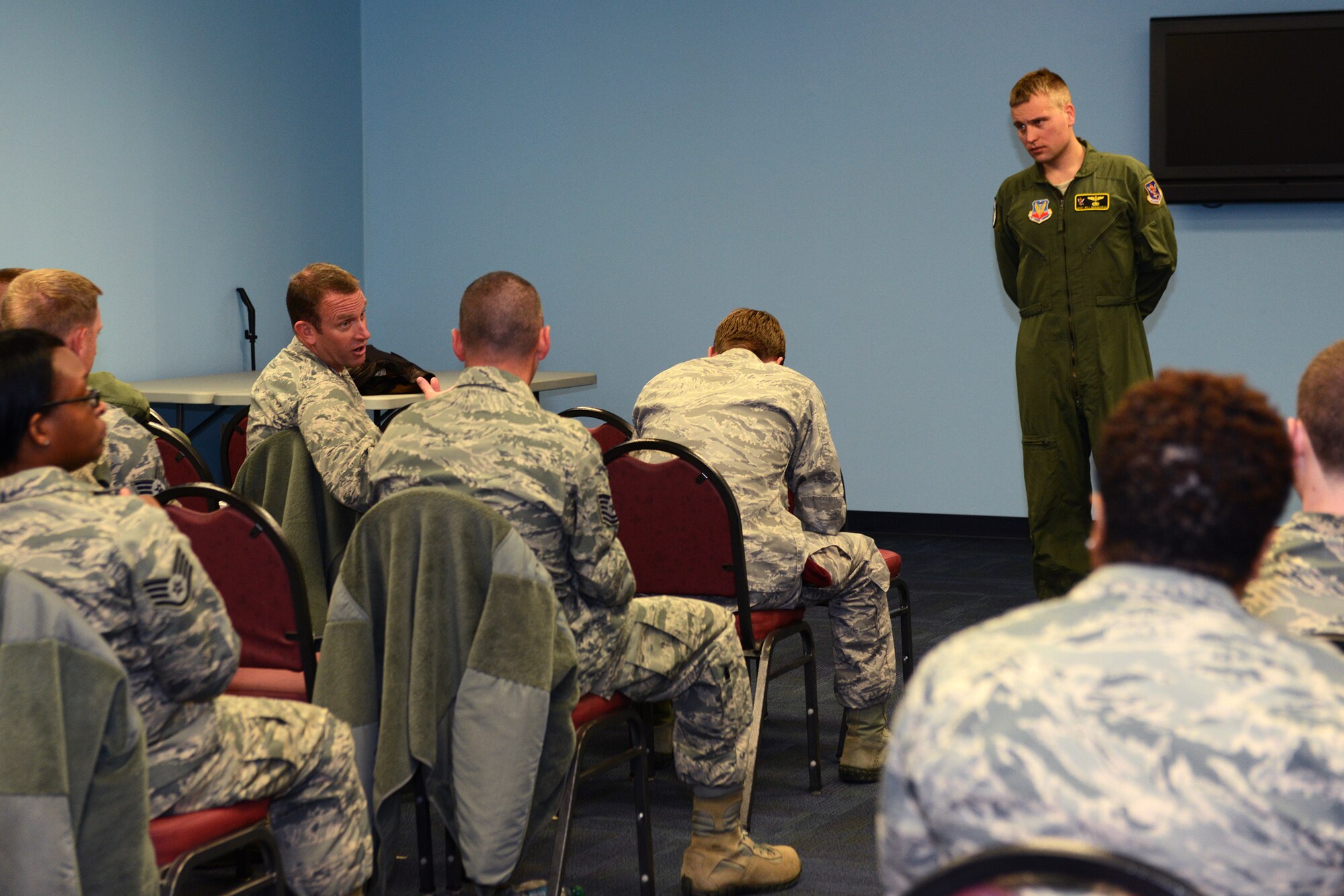 U.S. Air Force Master Sgt. William Nabakowski, 23d Wing inspector general chief of inspections, leads a group discussion on the importance of the mental fitness pillar during Comprehensive Airmen Fitness day Feb. 20, 2015, at Moody Air Force Base. The discussion focused on the warning signs for suicide and how to prevent suicides. (U.S. Air Force photo by Airman 1st Class Kathleen D. Bryant/Released)