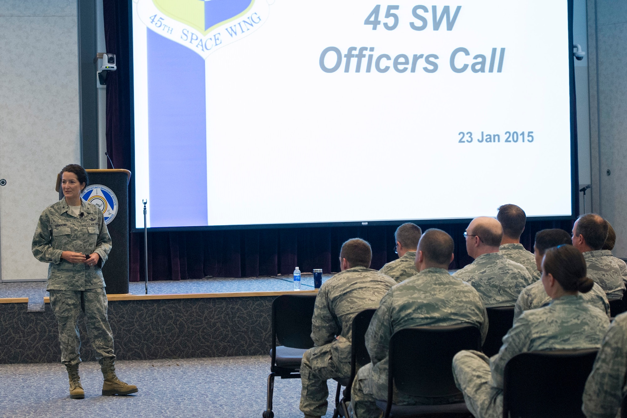 Brig. Gen. Nina Armagno speaks during an Officers Call Jan. 23, 2015 at Defense Equal Opportunity Management Institute Auditorium at Patrick Air Force Base, Fla. (U.S. Air Force photo/Matthew Jurgens)