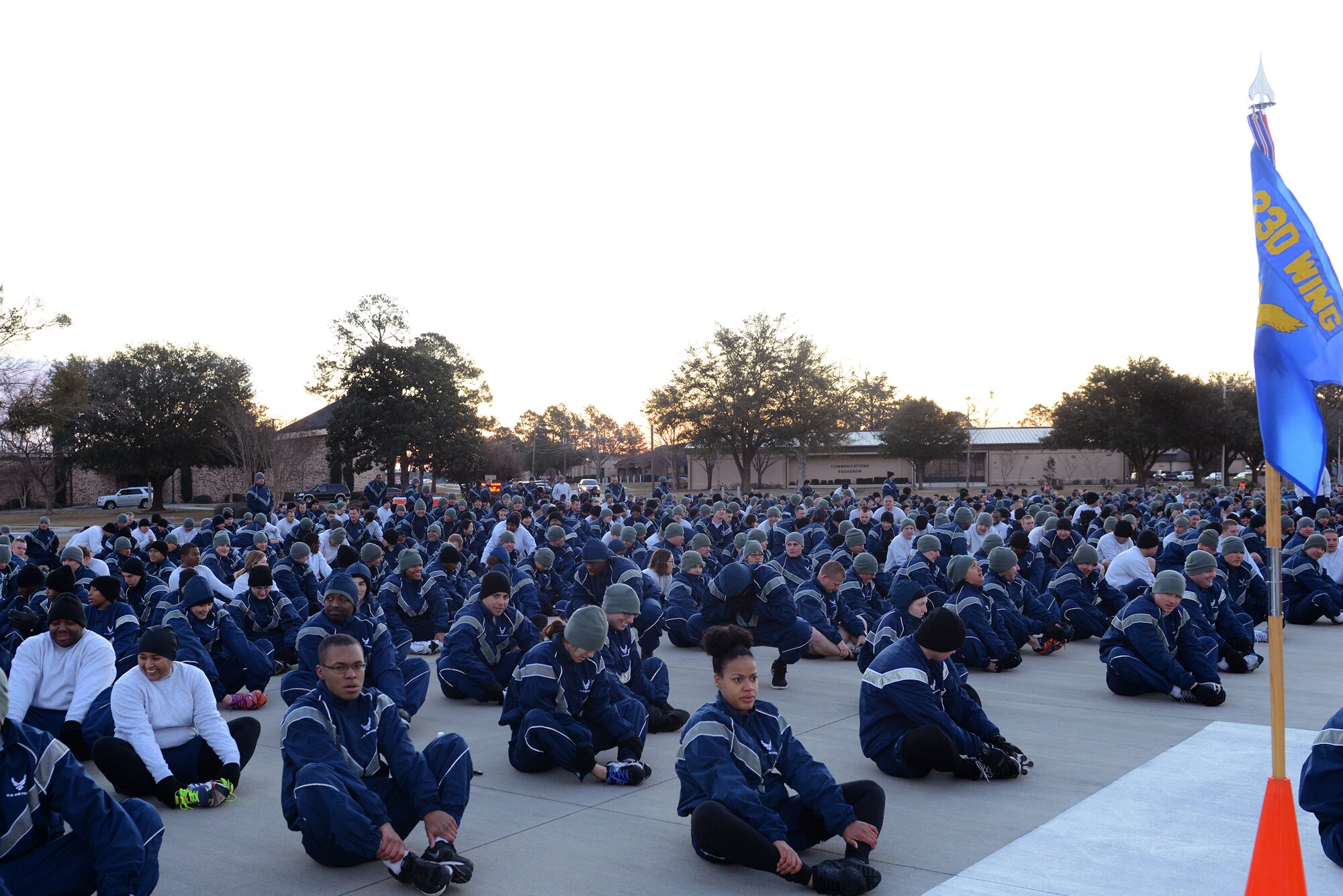 Airmen stretch in preparation for the 2.3 mile run during Comprehensive Airmen Fitness Day Feb. 20, 2015, at Moody Air Force Base, Ga. The day started with a 2.3-mile run, followed by small group discussions on the mental fitness pillar and suicide prevention. (U.S. Air Force photo by Airman 1st Class Kathleen D. Bryant/Released)