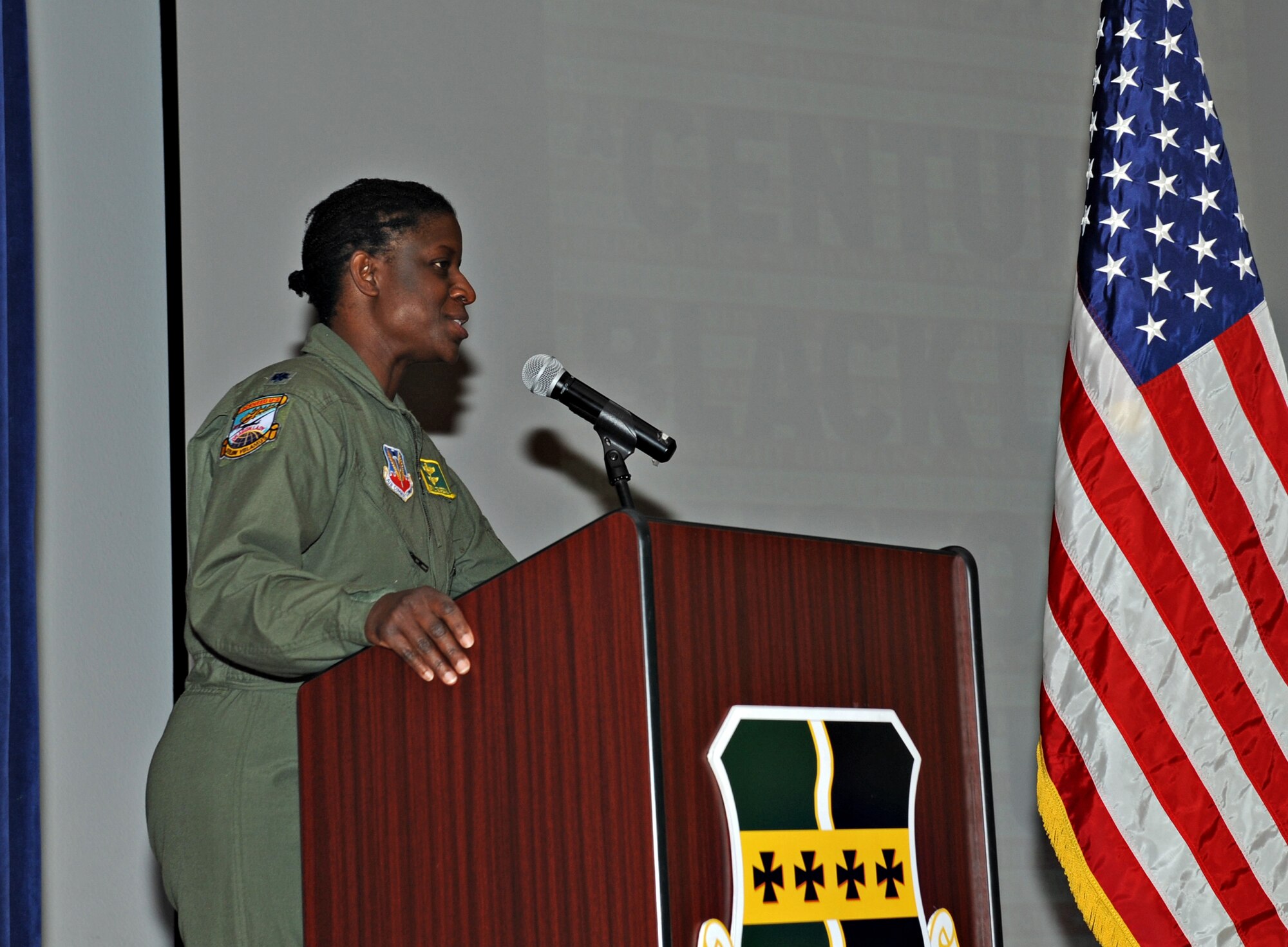 Lt. Col. Merryl Tengesdal, a U-2 Dragon Lady pilot and 9th Reconnaissance Wing inspector general, speaks about her endeavors and the accomplishments of African Americans in U.S. history during the Black History Month Luncheon Feb. 24, 2015, at Beale Air Force Base, Calif. The event was held to recognize the achievements made by African Americans in U.S. history. (U.S. Air Force photo by Airman 1st Class Ramon A. Adelan/Released)