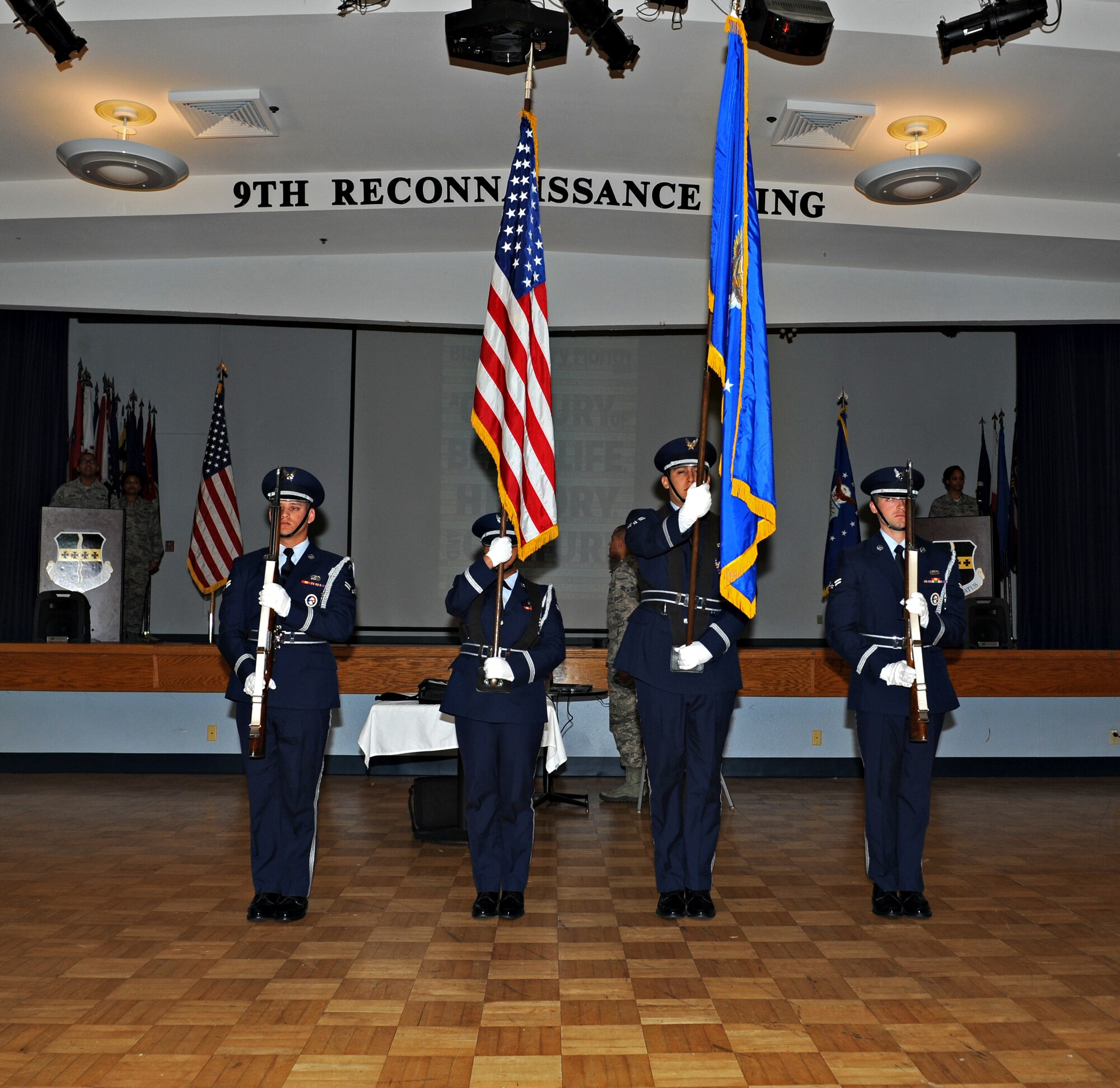 Beale’s Honor Guard performs the colors during the Black History Month Luncheon Feb. 24, 2015, at Beale Air Force Base, Calif. The event was held to recognize the achievements made by African Americans in U.S. history. (U.S. Air Force photo by Airman 1st Class Ramon A. Adelan/Released)