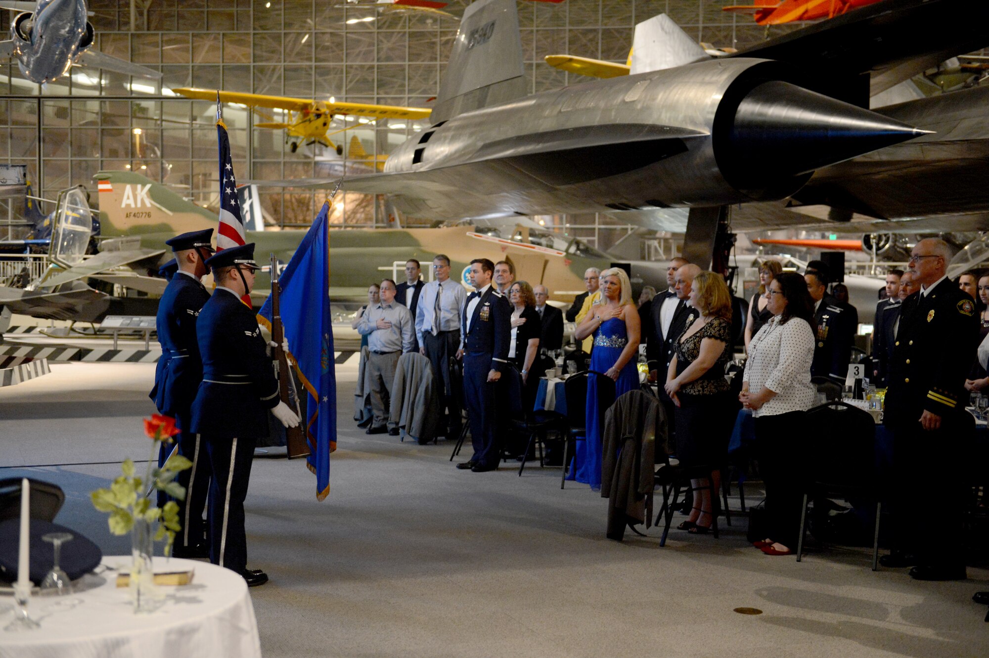 Members from McChord Field’s Honor Guard present the colors Feb. 19, 2015, during the 8th Airlift Squadron’s 75th anniversary at Boeing’s Museum of Flight Seattle, Wash. At the 75th anniversary, 8th AS members were able to converse with their peers, including those that were previously assigned to the squadron. (U.S. Air Force photo/Airman 1st Class Keoni Chavarria)