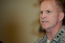 Lt. Gen. Stephen Wilson, commander of Air Force Global Strike Command, speaks at a press conference during the Nuclear Oversight Board on Minot Air Force Base, N.D., Feb. 20, 2015. The NOB was held at Minot AFB in order to provide Air Force leadership with the opportunity to learn more about both the bomber and intercontinental ballistic missile missions, and experience first-hand the unique environmental challenges of a northern tier base. (U.S. Air Force photo/Senior Airman Brittany Y. Bateman)