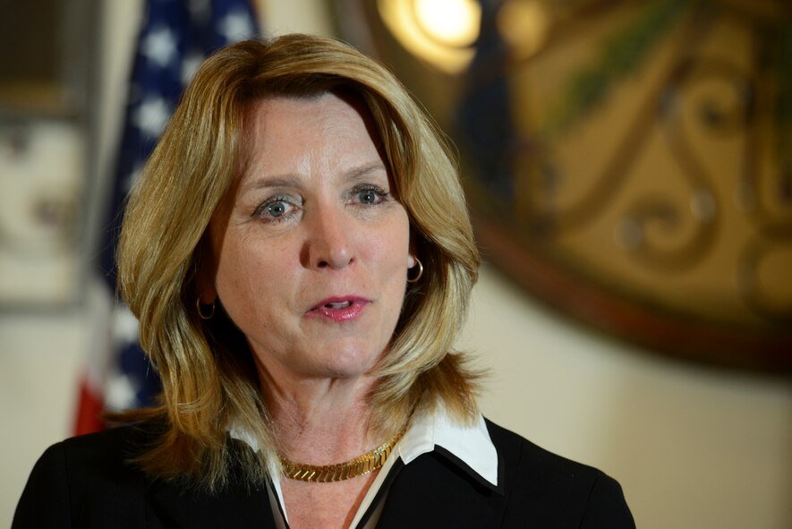 Deborah Lee James, Secretary of the Air Force speaks at a press conference during the Nuclear Oversight Board on Minot Air Force Base, N.D., Feb. 20, 2015. The NOB provides strategic direction and senior-level oversight for coordination and resolution of key issues affecting the nuclear enterprise. (U.S. Air Force photo/Senior Airman Brittany Y. Bateman)