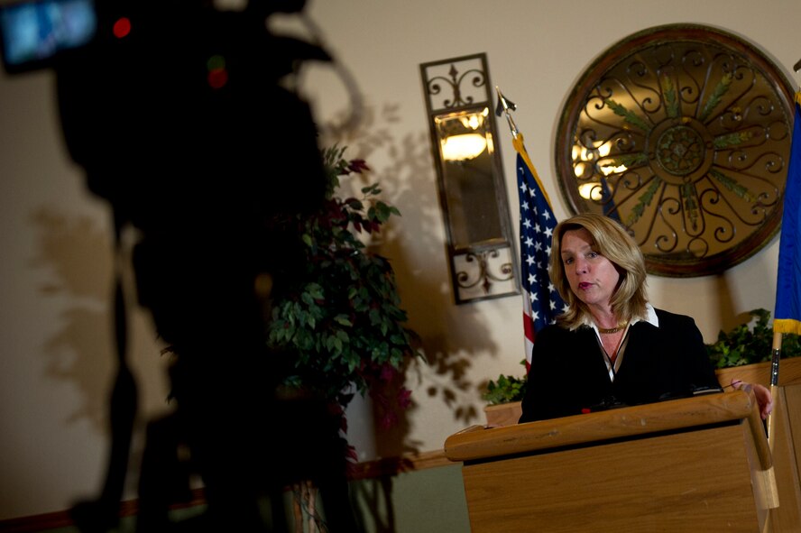 Deborah Lee James, Secretary of the Air Force speaks at a press conference during the Nuclear Oversight Board on Minot Air Force Base, N.D., Feb. 20, 2015. The NOB provides strategic direction and senior-level oversight for coordination and resolution of key issues affecting the nuclear enterprise. (U.S. Air Force photo/Senior Airman Brittany Y. Bateman)