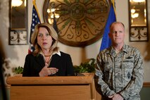Deborah Lee James, Secretary of the Air Force and Lt. Gen. Stephen Wilson, commander of Air Force Global Strike Command, hold a press conference during the Nuclear Oversight Board on Minot Air Force Base, N.D., Feb. 20, 2015. The NOB was held at Minot AFB in order to provide Air Force leadership with the opportunity to learn more about both the bomber and intercontinental ballistic missile missions first-hand as well as experience the unique environmental challenges of a northern tier base. (U.S. Air Force photo/Senior Airman Brittany Y. Bateman)