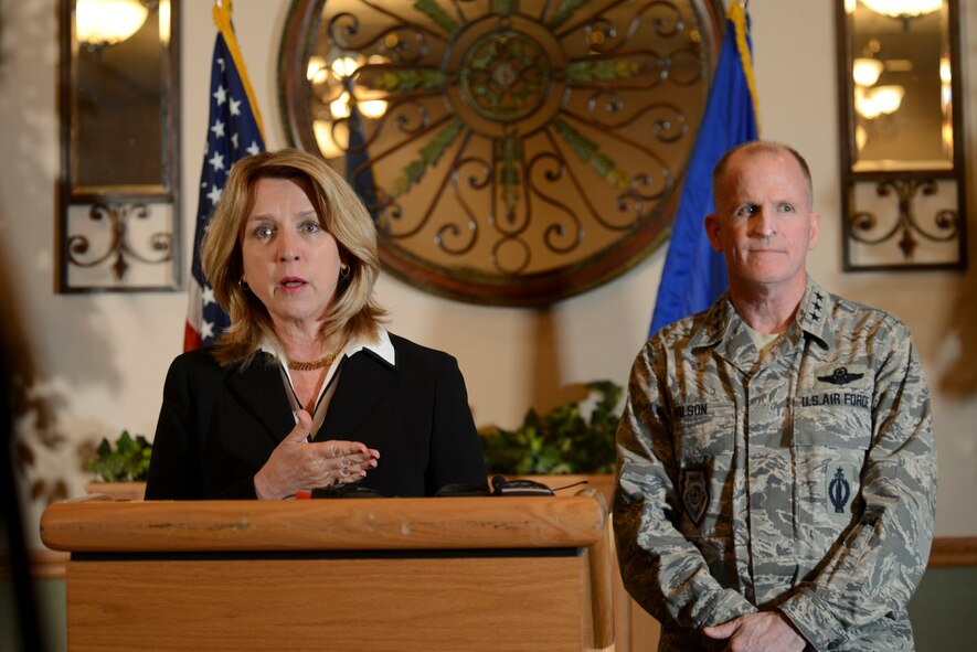 Deborah Lee James, Secretary of the Air Force and Lt. Gen. Stephen Wilson, commander of Air Force Global Strike Command, hold a press conference during the Nuclear Oversight Board on Minot Air Force Base, N.D., Feb. 20, 2015. The NOB was held at Minot AFB in order to provide Air Force leadership with the opportunity to learn more about both the bomber and intercontinental ballistic missile missions first-hand as well as experience the unique environmental challenges of a northern tier base. (U.S. Air Force photo/Senior Airman Brittany Y. Bateman)