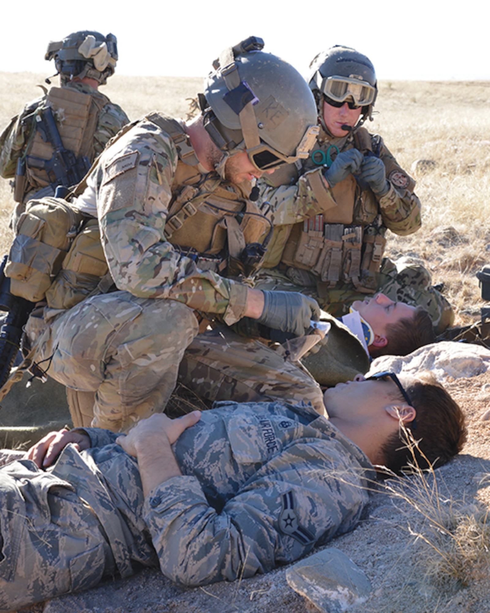 Airman from the 342nd Training Squadron participate in a Feb. 10 pararescue training exercise. The exercise brought together skills the students learned over two or more years. (Photo by Jamie Burnett) 