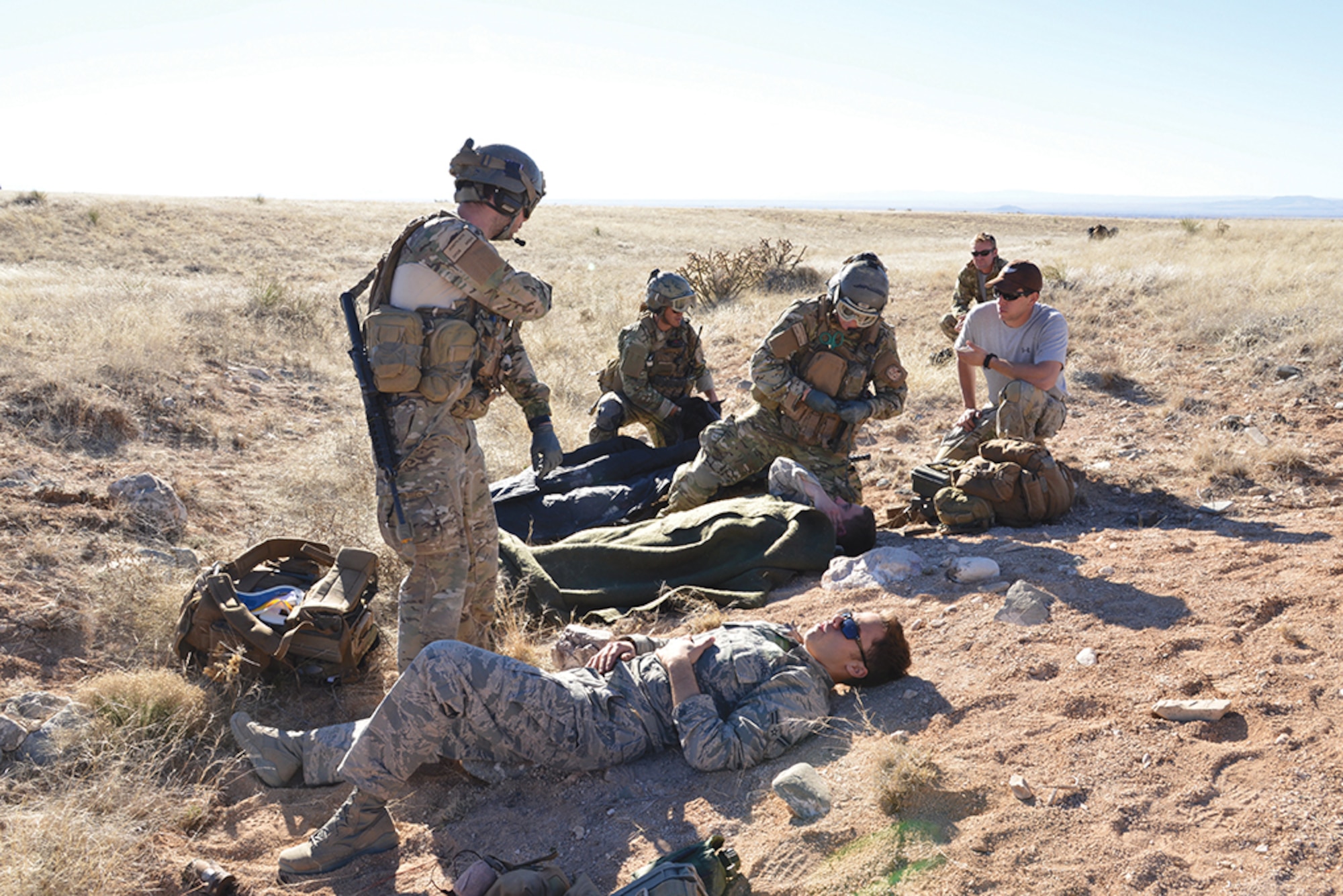 Airman from the 342nd Training Squadron participate in a Feb. 10 pararescue training exercise. The exercise brought together skills the students learned over two or more years. (Photo by Jamie Burnett) 