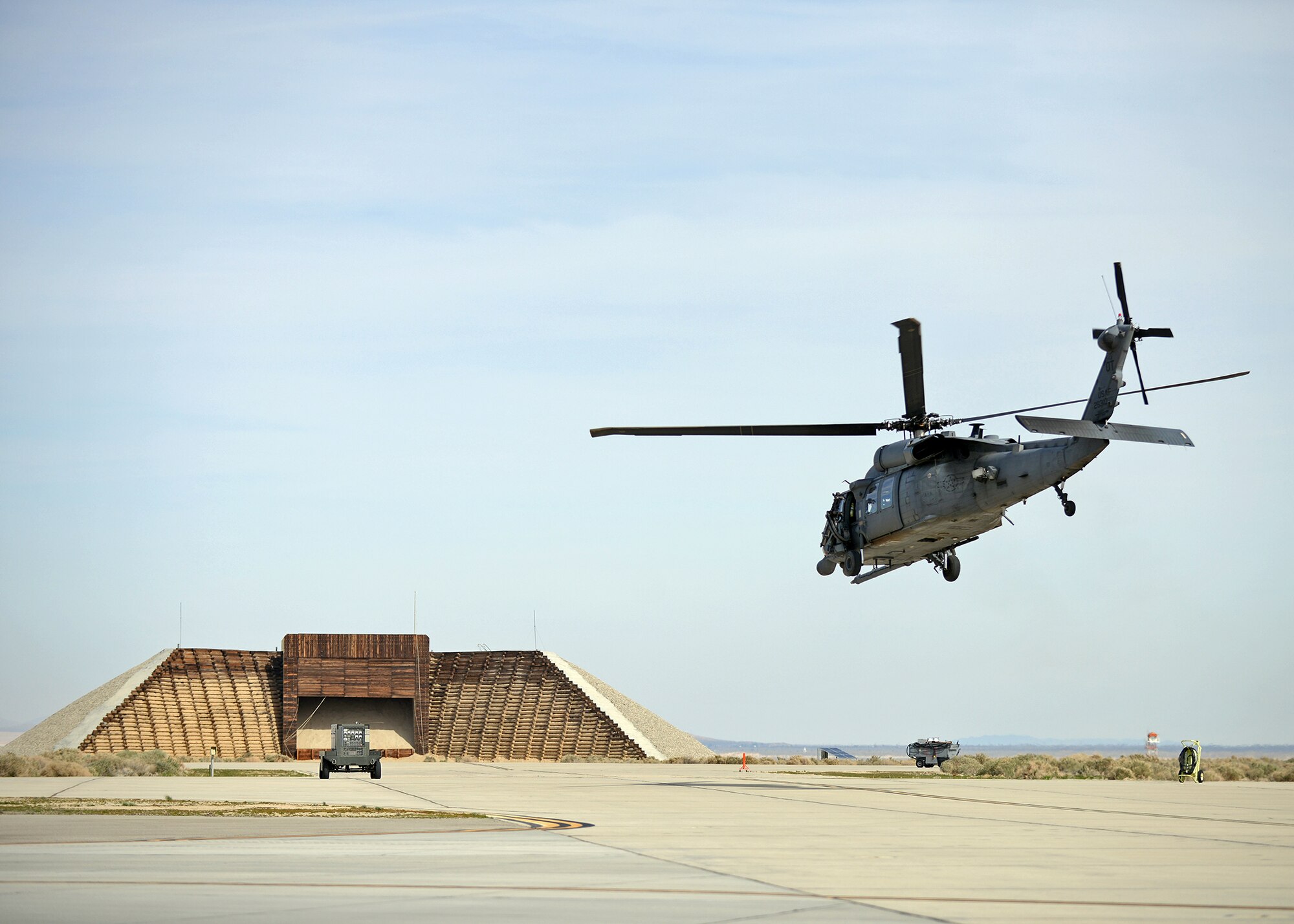 Crew members from the 413th Flight Test Squadron, Detachment 1, take off after completing their GAU-18 baseline ballistic dispersion test held in February at the Gun Harmonizing Range. (U.S. Air Force photo by Jet Fabara)