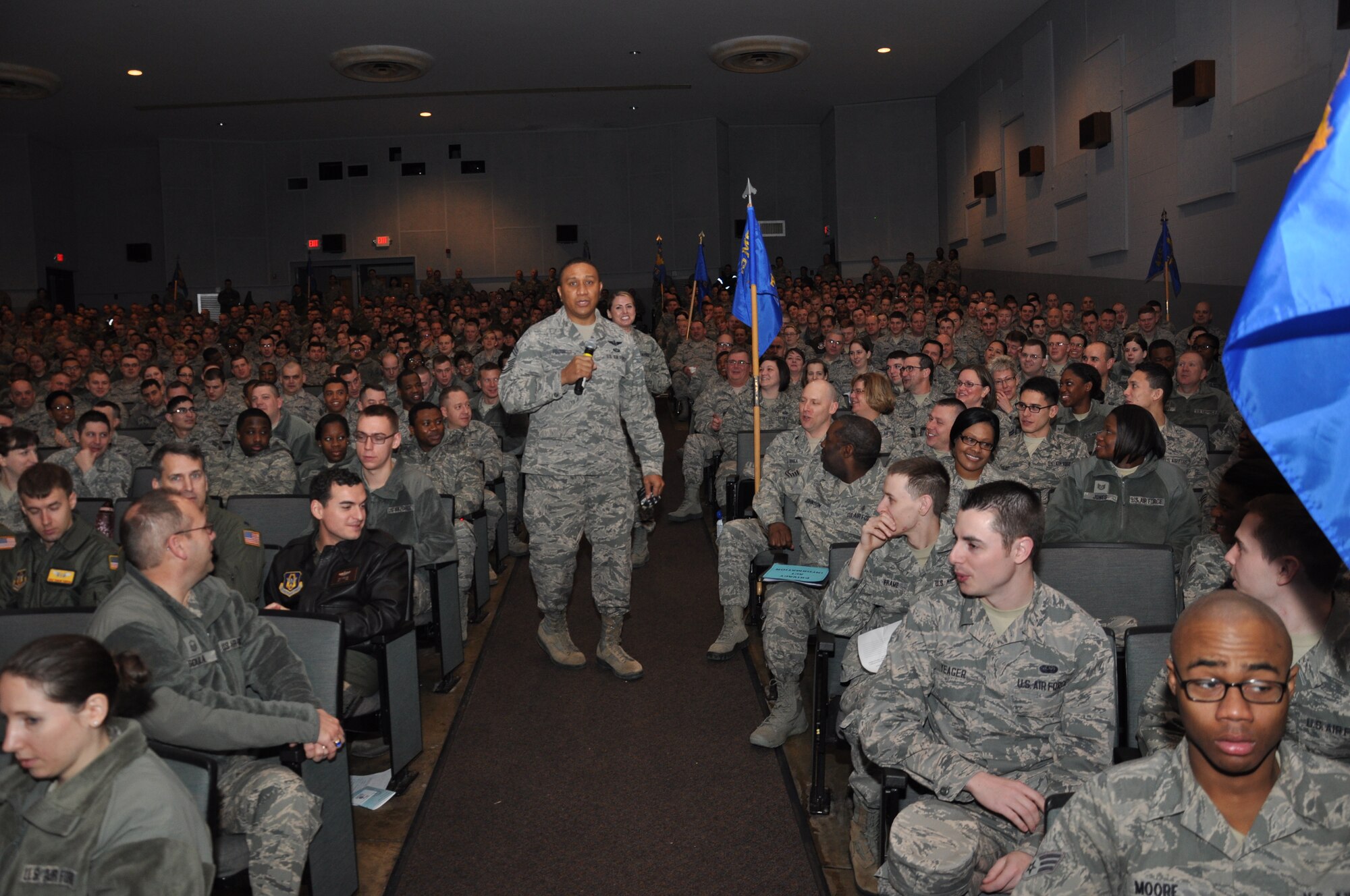 WRIGHT-PATTERSON AIR FORCE BASE, Ohio – Chief Master Sgt. James Felton, 445th Airlift Wing command chief master sergeant, recognizes an Airman celebrating her birthday during the wing’s Feb. 8 unit training assembly commander’s call. Commander’s call was held in conjunction with Wingman Days activities accomplished over the UTA weekend. Briefings were presented on coping skills, suicide awareness and winter safety. In addition, Airmen were recognized for their accomplishments, to include recent quarterly award winners. (U.S. Air Force photo/Tech. Sgt. Patrick O'Reilly)