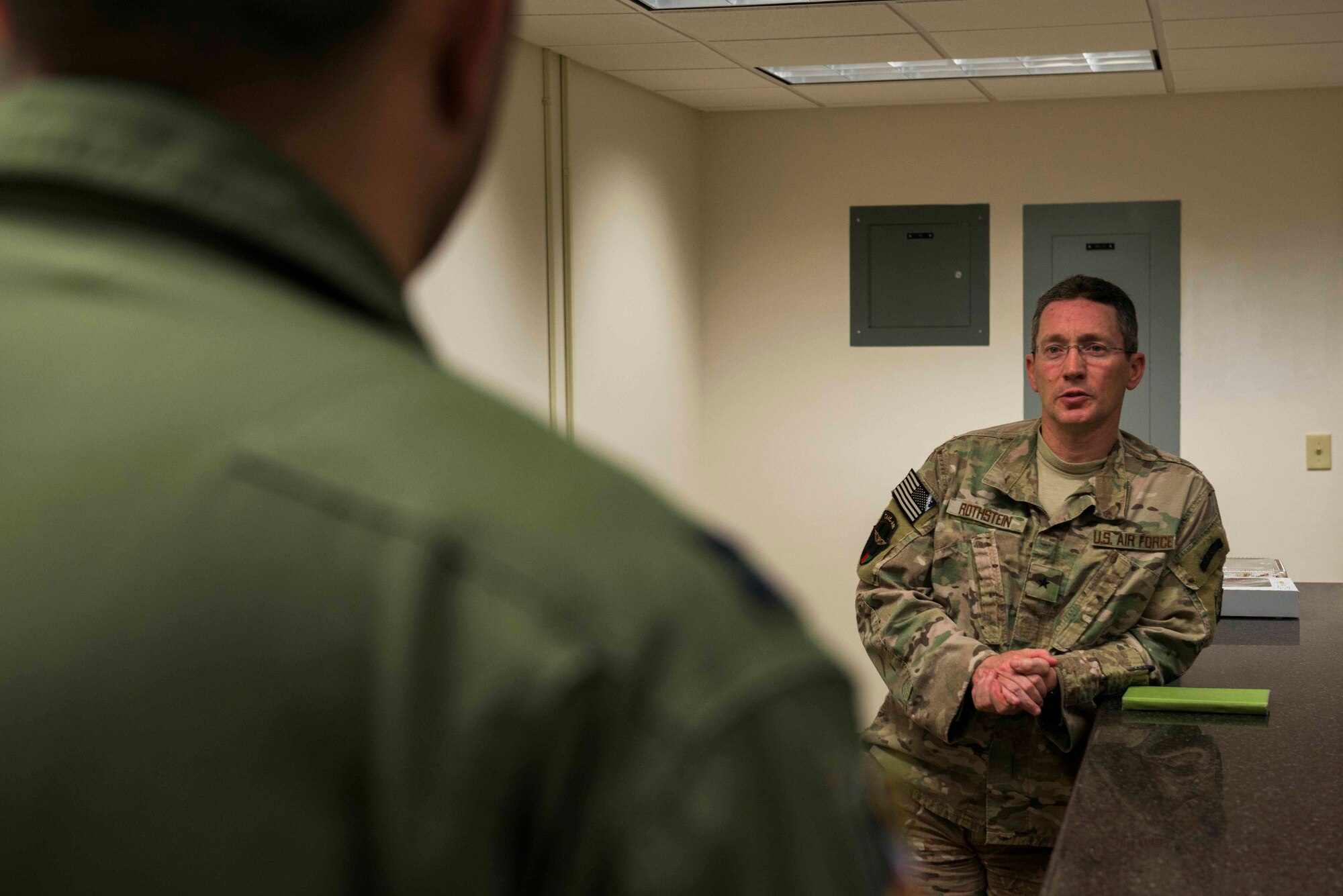 U.S. Air Force Brig. Gen. Michael Rothstein,  Train, Advise, Assist Command  Air (TAAC-AIR) commanding general, speaks with Afghan air force student pilots Feb. 24, 2015, at Moody Air Force Base, Ga. With the help of Moody’s Afghan air force flying and maintenance training mission, the Afghan air force fleet will grow to 112 aircraft through the addition of 20 A-29 Super Tucanos. (U.S. Air Force photo by Airman 1st Class Dillian Bamman/Released)