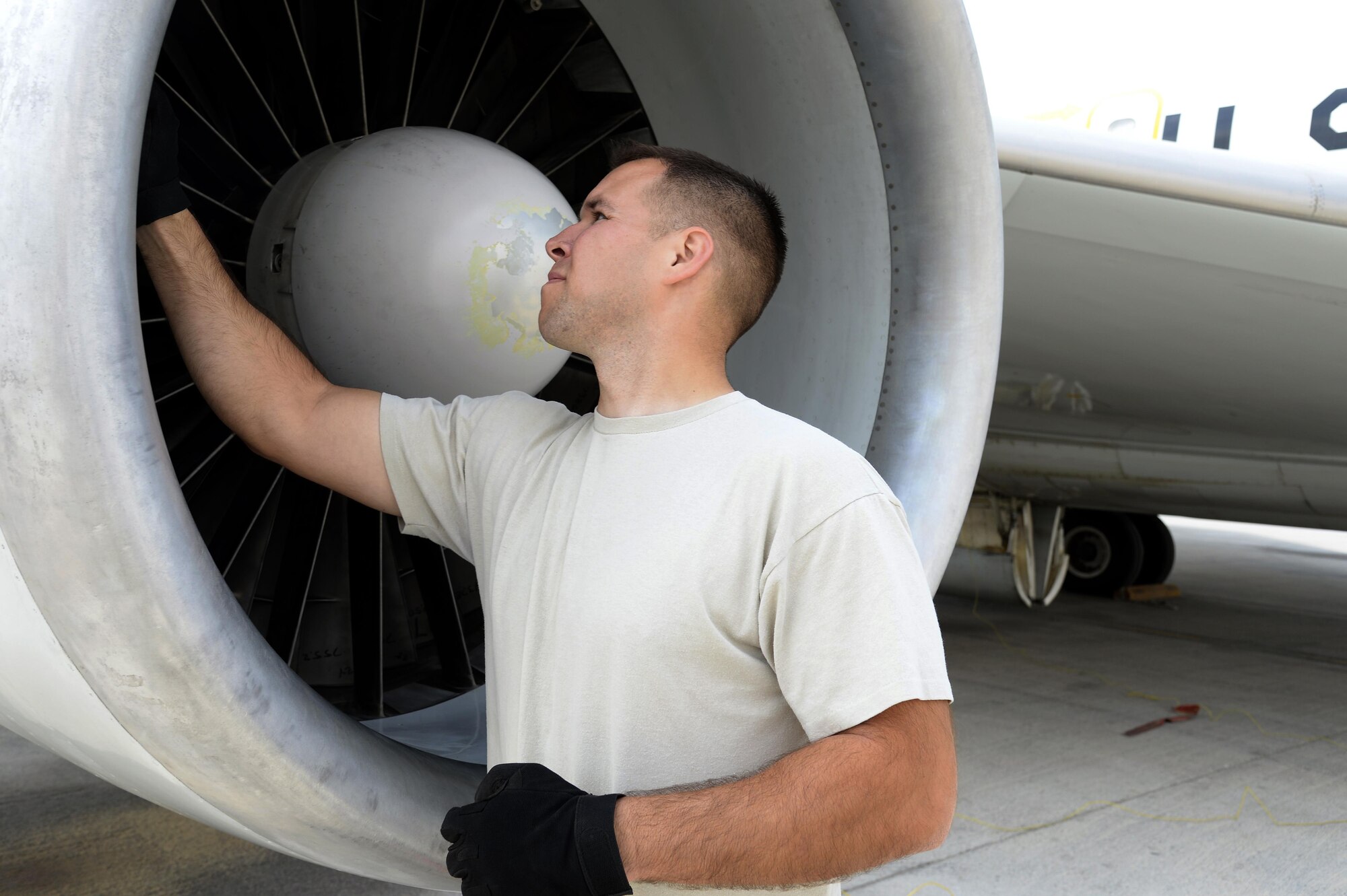 Staff Sgt. Derek, aerospace propulsion craftsman, performs an inlet and exhaust inspection on an E-3 Sentry airborne warning and control system aircraft at an undisclosed location in Southwest Asia Feb. 24, 2015. The Sentry Aircraft Maintenance Unit is a group of guardians who blend several special powers, ranging from radar to hydraulics, and band together to ensure the E-3 Sentry AWACS maintains its operational capability. Derek is currently deployed from Tinker Air Force Base, Okla., and is a native of Waterboro, Maine. (U.S. Air Force photo/Tech. Sgt. Marie Brown)