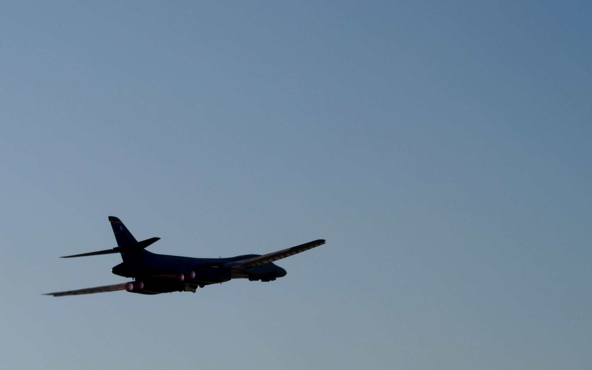 A B-1B Lancer assigned to the 34th Expeditionary Bomb Squadron, deployed from Ellsworth Air Force Base, S.D., takes off, Feb. 25, 2015, at Al Udeid Air Base, Qatar. The B-1B is used to conduct strikes in support of Operation Inherent Resolve as well as other operations throughout the Central Command’s Area of Responsibility.  Strike missions against Da’ish have caused them to change their tactics, making them a less effective fighting force. (U.S. Air Force photo by Senior Airman Kia Atkins)
