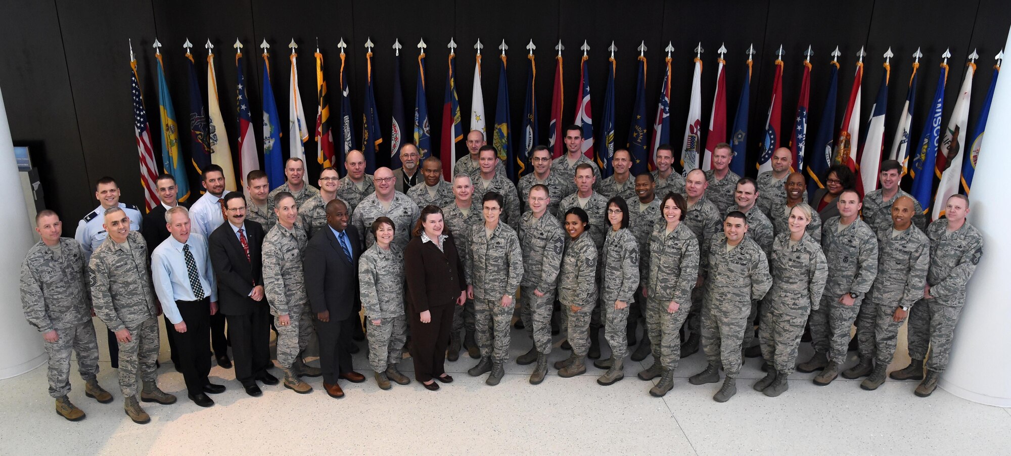 The AFIMSC provisional headquarters staff leadership team, commanders and directors of the Air Force Civil Engineer Center, Air Force Security Forces Center, Air Force Services Activity, Air Force Installation Contracting Agency, Air Force Financial Services Center, Financial Management Center of Expertise, and 10 colonels who will lead the AFIMSC detachments in support of each major command attended the meeting. (U.S. Air Force photo by Airman 1st Class Philip Bryant)