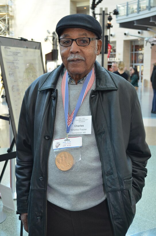 Charles Frazier, former corporal with 8th Field Regiment Unit, 5th Marine Division, and Germantown, Maryland resident, is still going strong and working at age 89. 
After his Marine Corps service, Frazier worked for the federal government for 36 years. After he retired, he said he was home for six weeks and couldn’t stand it, so he got a part-time job driving cars at a car dealership in Maryland and has been there for 33 years. 
Frazier attended training at Montford Point, North Carolina, in 1944 and landed on Iwo Jima on Feb. 22. He said as a black man, he and his unit were first kept separate from the white Marines, but during battle they all served together. 
He said he is not going back to the island for the 70th anniversary, because he “had enough of that” the first time.
