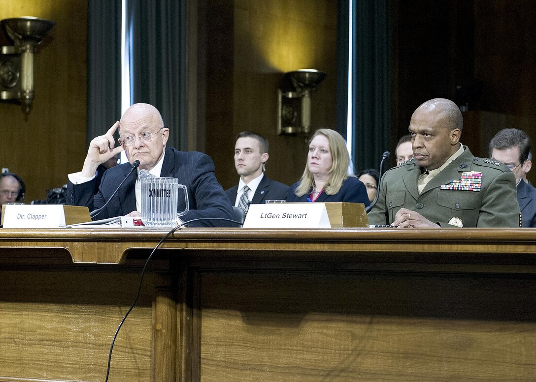 Director of National Intelligence James Clapper and DIA Director Lt. Gen. Vincent Stewart at the Senate Armed Services Committee Worldwide Threat Assessment Hearing on February 26, 2015.
