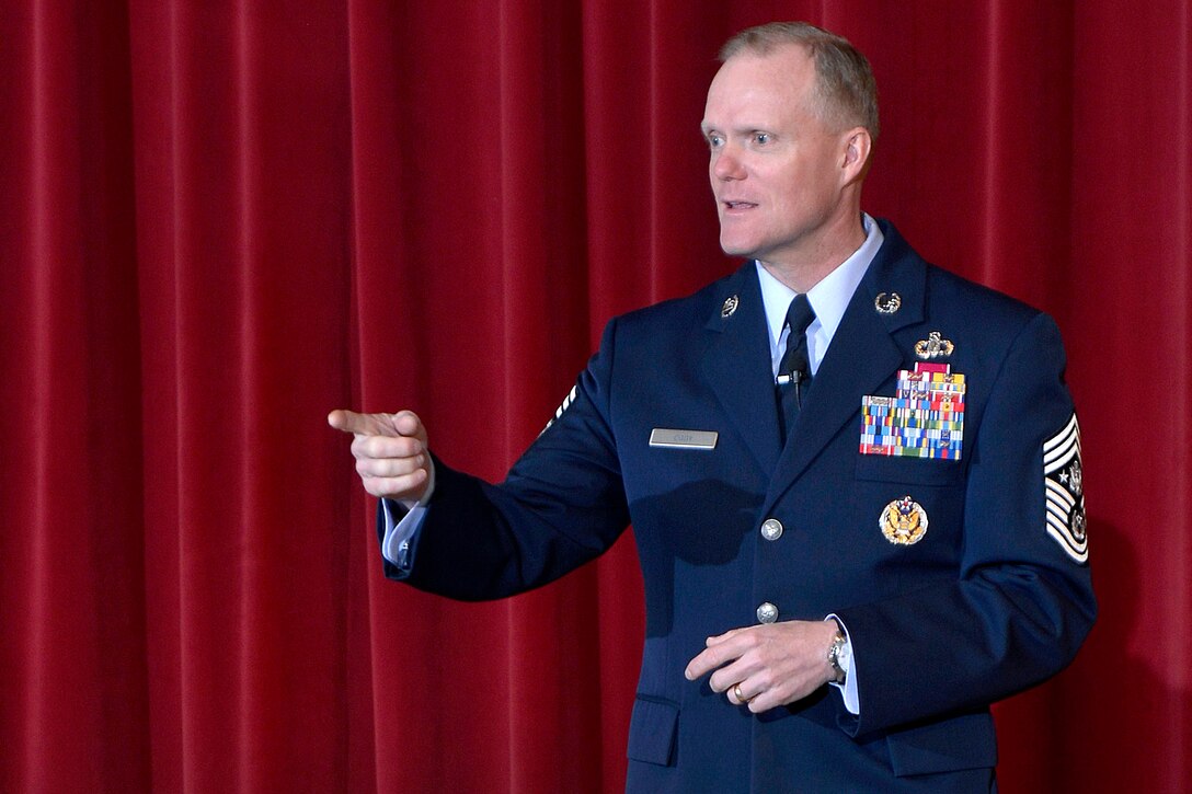 Chief Master Sgt. of the Air Force James A. Cody speaks to Airmen and cadets Feb. 26, 2015, during the beginning of the 2015 National Character and Leadership Symposium at the U.S. Air Force Academy, Colo. NCLS is an annual event organized by the Academy. (U.S. Air Force photo/Jason Gutierrez)
