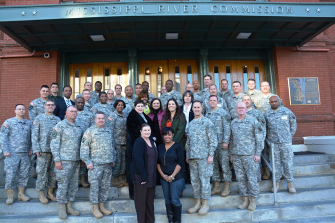 The U.S. Army Corps of Engineers' Mississippi Valley Division (MVD) hosted its first Non-Commissioned Officer & Officer Professional Development (NCOPD and OPD) for Mississippi’s Engineer Regiments Feb. 19 in Vicksburg, Miss. This inaugural event brought together local military members and their spouses to share capabilities and support efforts in the local Mississippi area. The purpose is to build Total Army partnerships and relationships that will create a more cohesive family within the U. S. Army. The OPD is the first of many future NCO and OPD meetings that will take place approximately every 60 days, addressing a variety of topics during this FY15 and years to come. The event, coordinated by CPT Correy Elder (MVD), included attendees from the U.S. Army Corps of Engineers' MVD, Engineer Research and Development Center, the 412th Theater Engineer Command (TEC), the 168th Engineer Brigade of the Mississippi Army National Guard (MSARNG) and the State Headquarters of the Mississippi MSARNG. Special guests included Brig. Gen. Donna Williams, deputy commanding general for support, 412th TEC; Brig. Gen. J. Roy Robinson, MSARNG executive director/dual status commander for the state of Mississippi; and Maj. Gen. Michael C. Wehr, MVD commander. (Photo by Pamela Harrion)