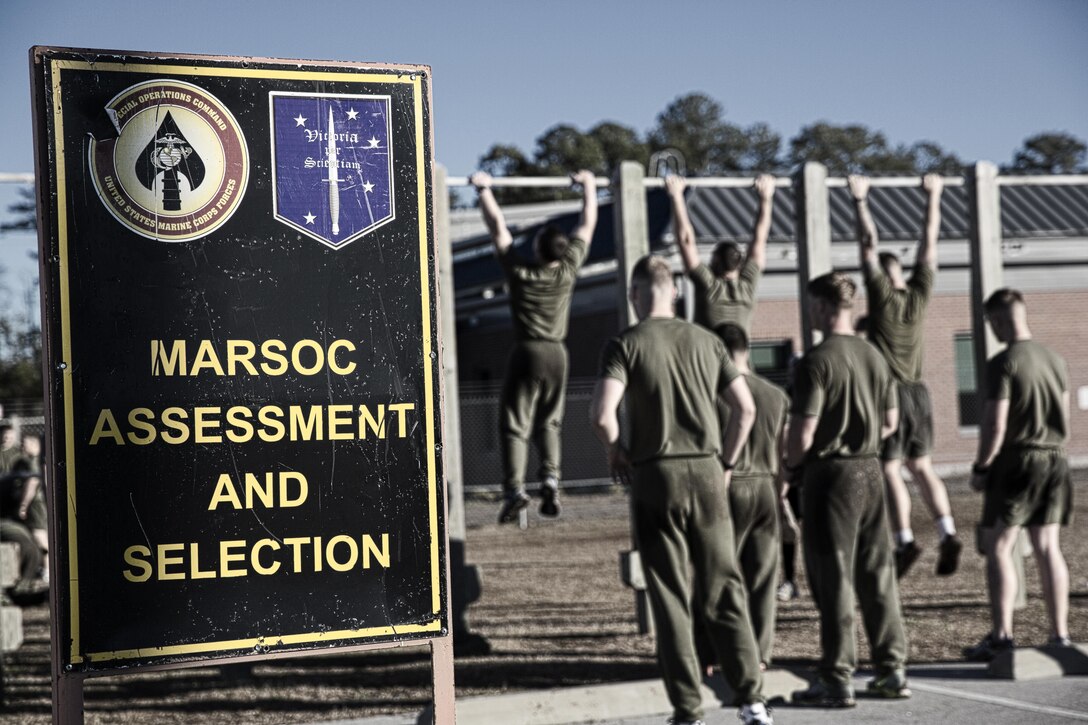 Marine perform pull-ups during Phase I of the U.S. Marine Corps Forces Special Operations Command's Assessment and Selection course aboard Marine Corps Base Camp Lejeune, N.C., Jan. 5, 2015. Completing a physical fitness test with a minimum score of 225 is a requirement to become a Critical Skills Operator with MARSOC. 