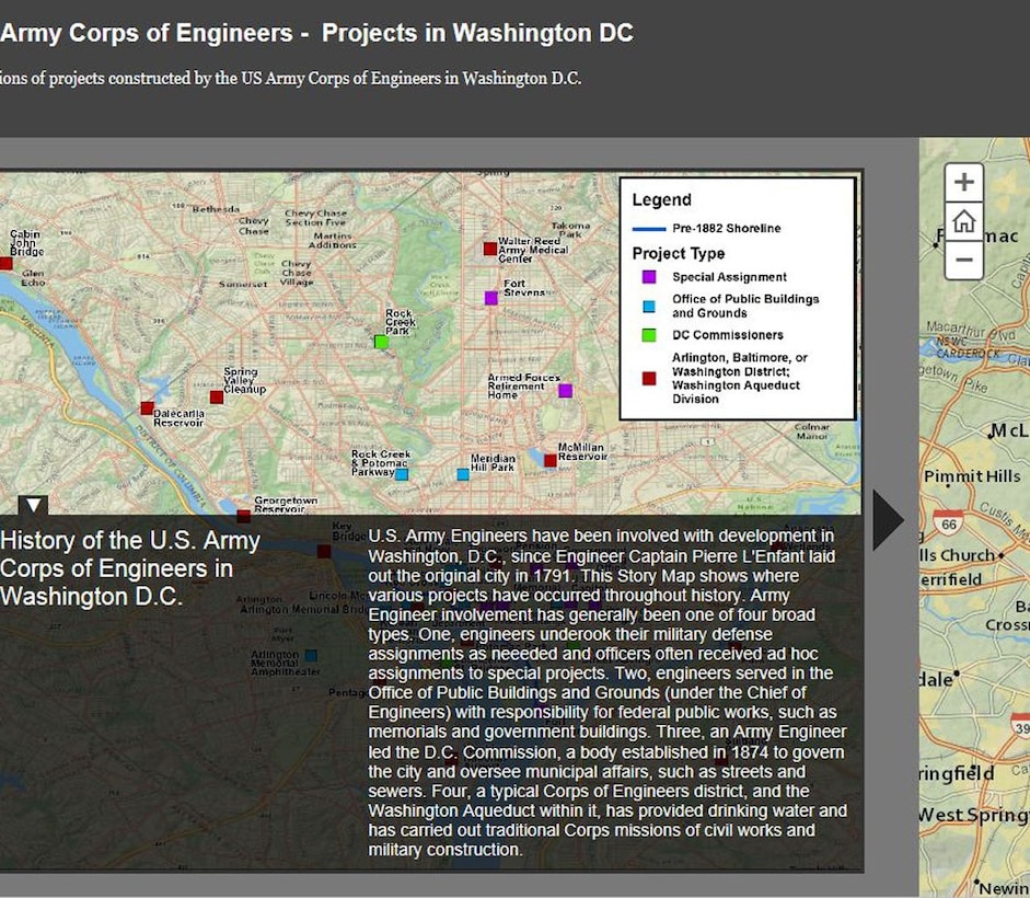 Locations of projects constructed by the US Army Corps of Engineers in Washington D.C.