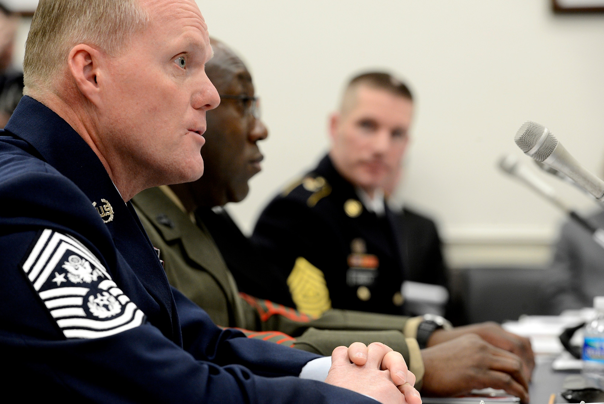 Chief Master Sgt. of the Air Force James A. Cody testifies before the House's Committee on Appropriations Subcommittee on Military Construction and Veterans Affairs Feb. 25, 2015, in Washington, D.C. As part of his testimony, Cody spoke about the challenge of last year's force reductions and the impact of fiscal uncertainty on the force while facing global demands and geopolitical realities. In addition to Cody, the other witnesses were Sgt. Maj. of the Army Daniel A. Dailey, Master Chief Petty Office of the Navy Michael D. Stephens, and Sgt. Maj. of the Marine Corps Ronald Green. (U.S. Air Force photo/Scott M. Ash)