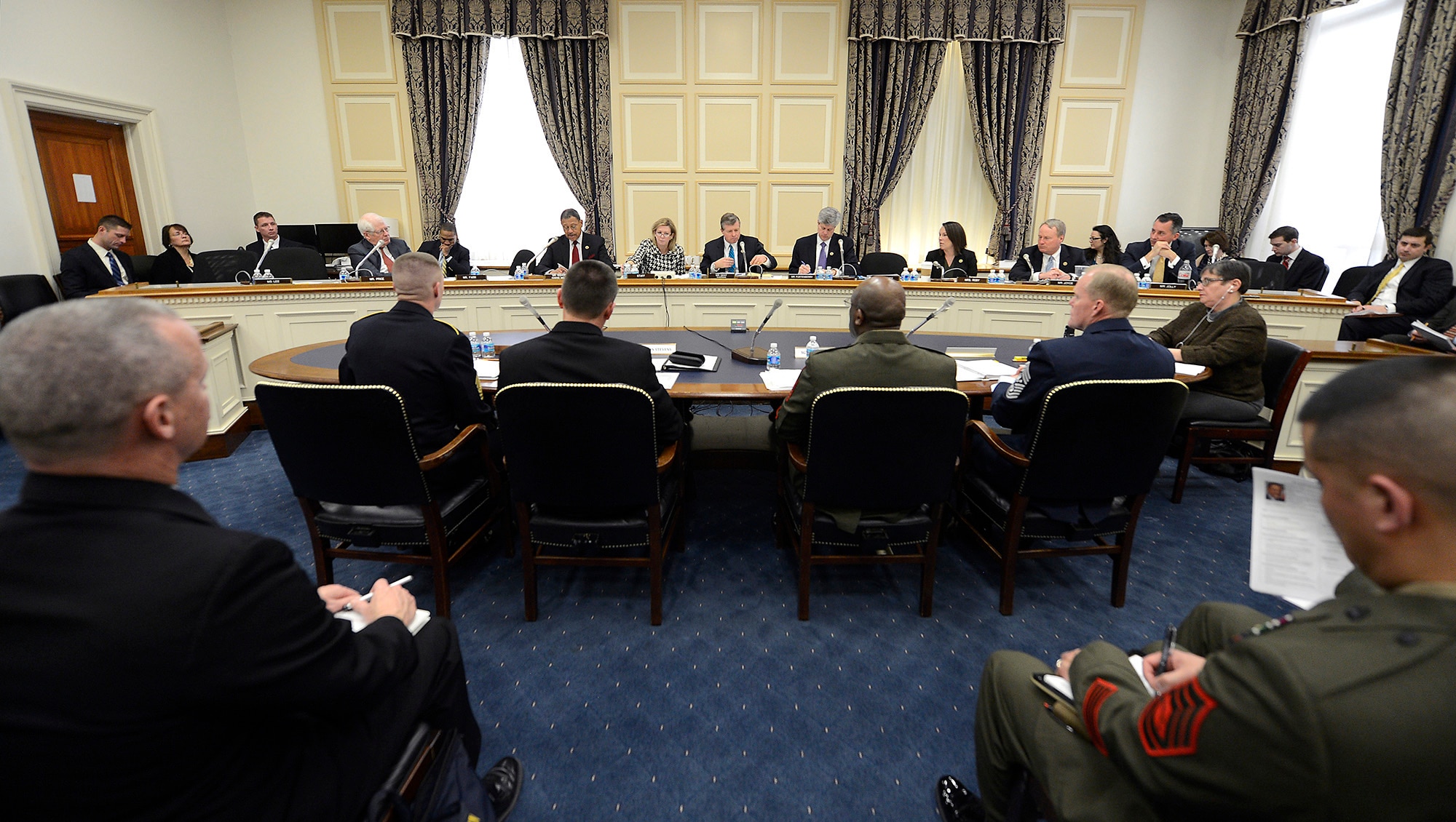 Chief Master Sgt. of the Air Force James A. Cody testifies before the House's Committee on Appropriations Subcommittee on Military Construction and Veterans Affairs in Washington, D.C., Feb. 25, 2015. As part of his testimony, Cody spoke about the challenge of last year's force reductions and the impact of fiscal uncertainty on the force while facing global demands and geopolitical realities. In addition to Cody, the other witnesses were Sgt. Maj. of the Army Daniel A. Dailey, Master Chief Petty Office of the Navy Michael D. Stephens, and Sgt. Maj. of the Marine Corps Ronald Green. (U.S. Air Force photo/Scott M. Ash)