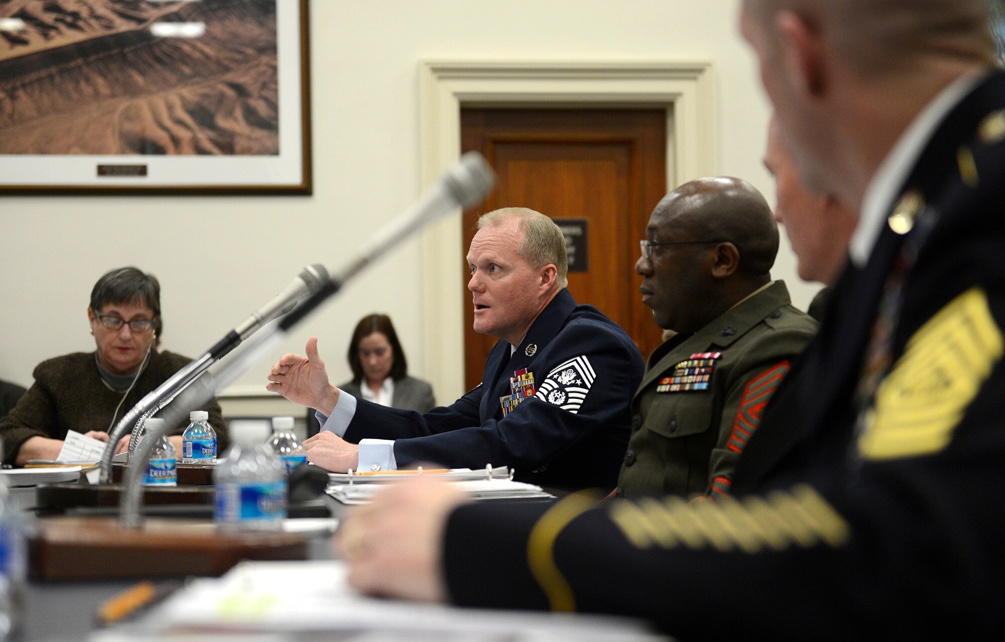 Chief Master Sgt. of the Air Force James A. Cody testifies before the House's Committee on Appropriations Subcommittee on Military Construction and Veterans Affairs Feb. 25, 2015, in Washington, D.C. As part of his testimony, Cody spoke about the challenge of last year's force reductions and the impact of fiscal uncertainty on the force while facing global demands and geopolitical realities. In addition to Cody, the other witnesses were Sgt. Maj. of the Army Daniel A. Dailey, Master Chief Petty Office of the Navy Michael D. Stephens, and Sgt. Maj. of the Marine Corps Ronald Green. (U.S. Air Force photo/Scott M. Ash)