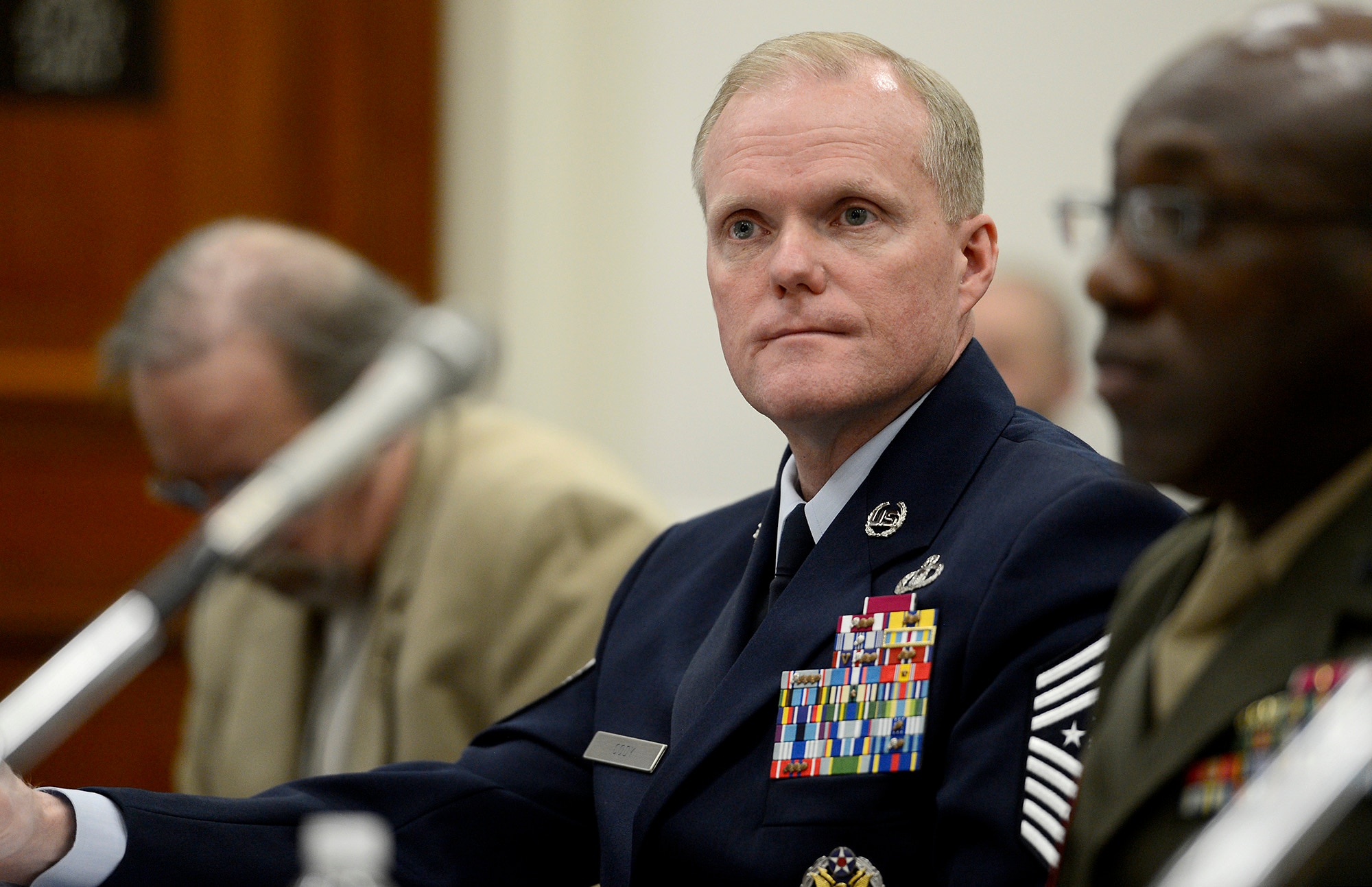 Chief Master Sgt. of the Air Force James A. Cody testifies before the House's Committee on Appropriations Subcommittee on Military Construction and Veterans Affairs Feb. 25, 2015, in Washington, D.C.  As part of his testimony, Cody spoke about the challenge of last year's force reductions and the impact of fiscal uncertainty on the force while facing global demands and geopolitical realities. In addition to Cody, the other witnesses were Sgt. Maj. of the Army Daniel A. Dailey, Master Chief Petty Office of the Navy Michael D. Stephens, and Sgt. Maj. of the Marine Corps Ronald Green. (U.S. Air Force photo/Scott M. Ash)