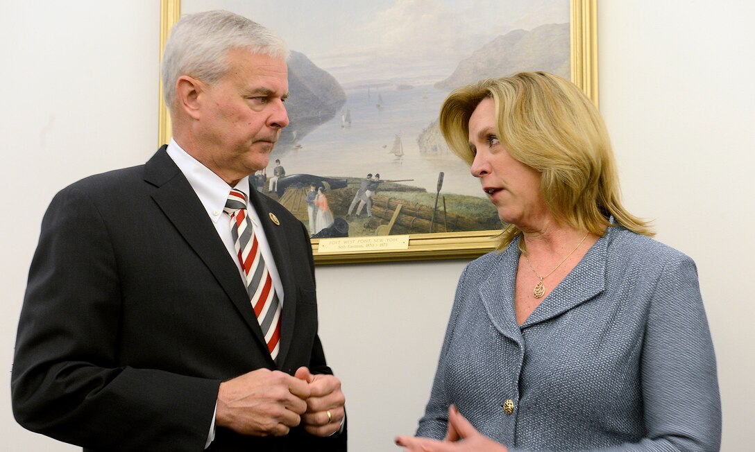 Secretary of the Air Force Deborah Lee James speaks with Rep. Steve Womack prior to her testimony before the House of Representatives Committee on Appropriations’ Defense Subcommittee, Feb. 27, 2015, in Washington. D.C. James and Air Force Chief of Staff Gen. Mark A. Welsh III discussed the Air Force's 2016 President's Budget Request. (U.S. Air Force photo/Scott M. Ash)