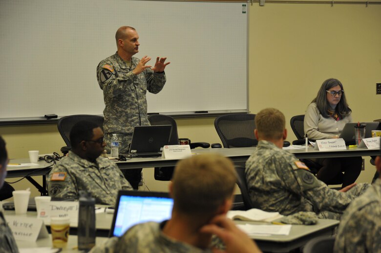 Huntsville Center Deputy Commander Lt. Col. Kendall Bergmann addresses District Officer Introductory Course at the ULC. Bergmann volunteered to champion the course which provide training and resources necessary for military personnel and Army civilians to successfully perform duties with the Corps of Engineers.