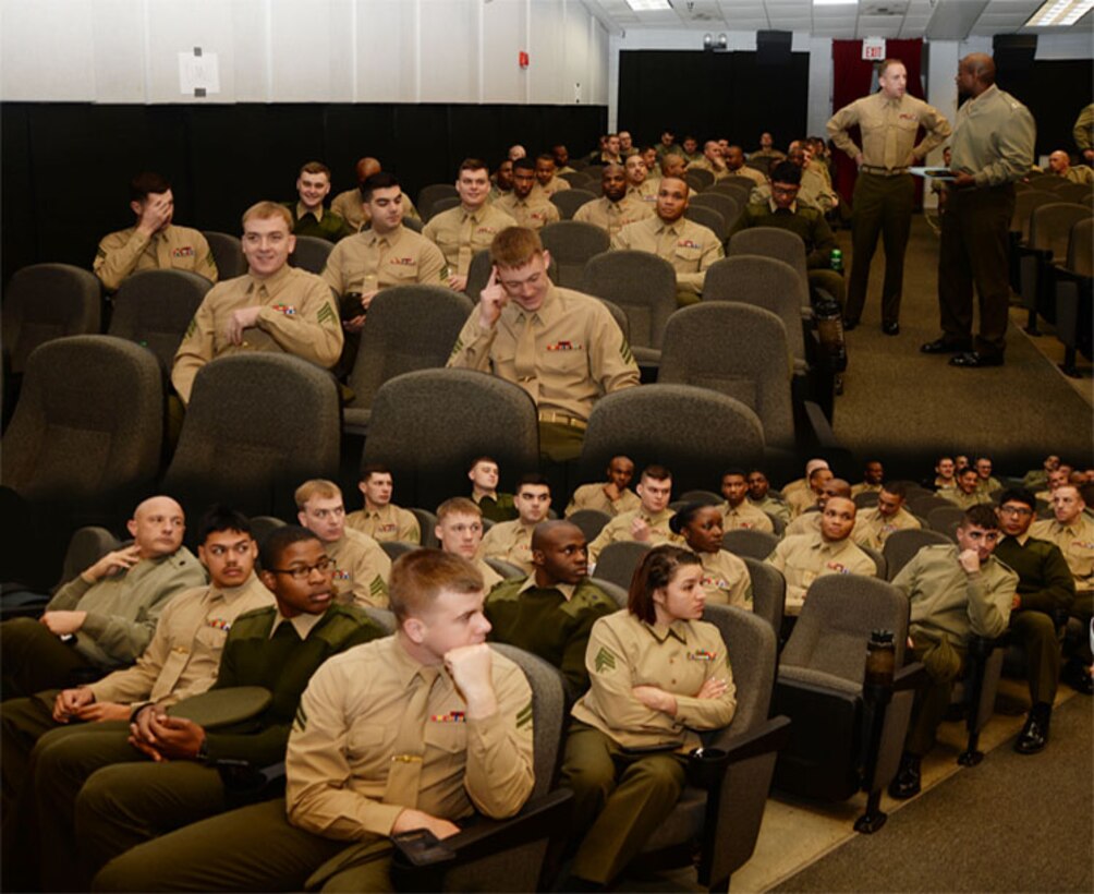 Marine Corps Logistics Command’s active-duty service members participate in the Unit Marine Awareness and Prevention Integrated Training at the Base Theater, recently. The UMAPIT is a mandatory behavioral health training, which went into effect Jan 1. LOGCOM Marines also received training on the Marine Corps’ equal opportunity and hazing policies.

