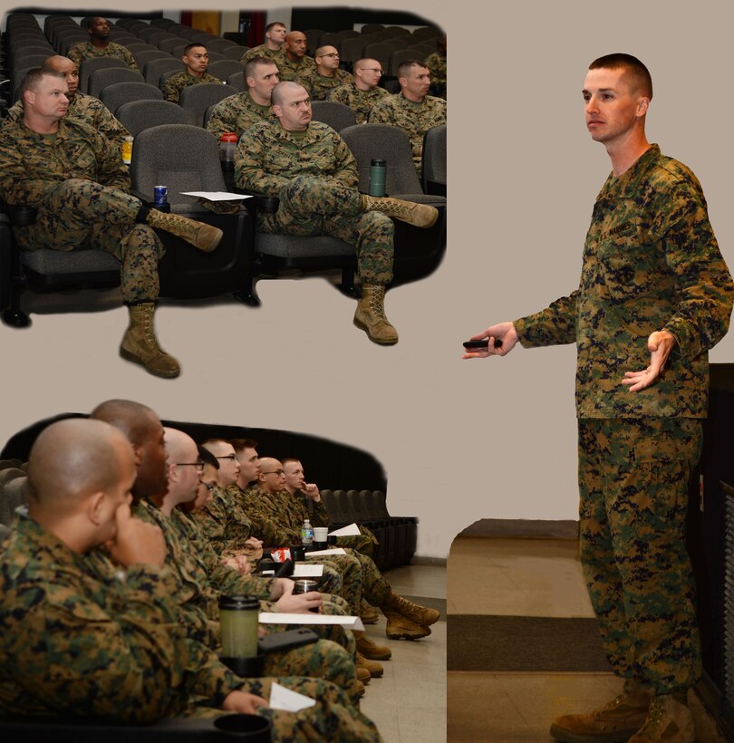 Staff Sgt. Michael Murphy, suicide prevention program manager, Marine Corps Logistics Base Albany, facilitates the Unit Marine Awareness and Prevention Integrated Training to base Marines, recently. The mandatory UMAPIT training, which was held at the Base Theater, was conducted in accordance with the Marine Administrative Message’s, Active Number 512/14.