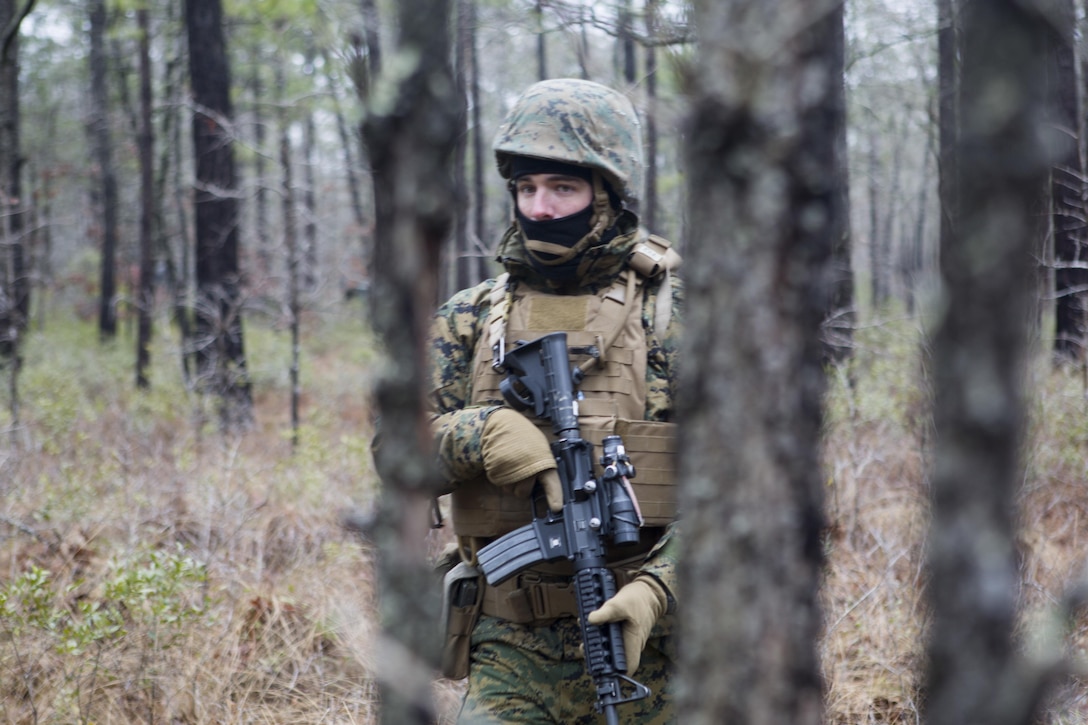 Lance Cpl. Adam Thomas, a combat engineer with 8th Engineer Support Battalion, patrols through a wooded area aboard Marine Corps Base Camp Lejeune, N.C., Feb. 26, 2015. Alpha Company conducted a patrolling exercise with approximately 20 Marines to evaluate the group's ability to effectively use land navigation to reach a point on a map.