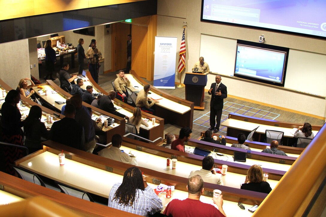 Approximately 35 National University students gather at the Sanford Education Center in San Diego to take part in a Marine Corps Leadership Seminar Feb. 19. The MCLS program imparts Marine Corps Leadership skills to forward thinking collegiate students and college staff members across the country approximately five times a year. (U.S. Marine Corps photo by Sgt. Erica Kirsop)