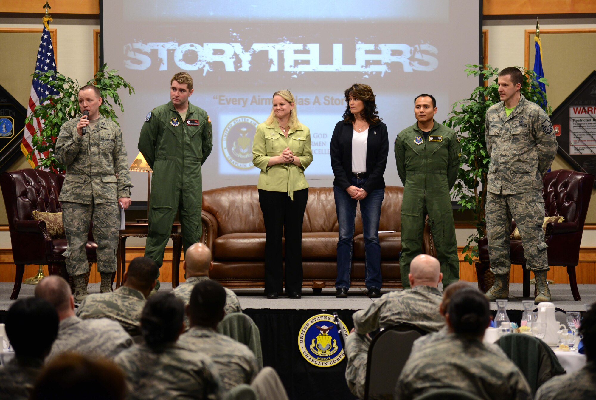 Chaplain (Capt.) Keith Manry, left, 341st Missile Wing chaplain, gives closing remarks with members of the Storytellers event Feb. 27 at Malmstrom Air Force Base, Mont. Each participant recounted a story in which they were forced to struggle greatly to overcome it, and asked members of Team Malmstrom to use their experiences to better themselves.  (U.S. Air Force photo/Airman 1st Class Dillon Johnston)